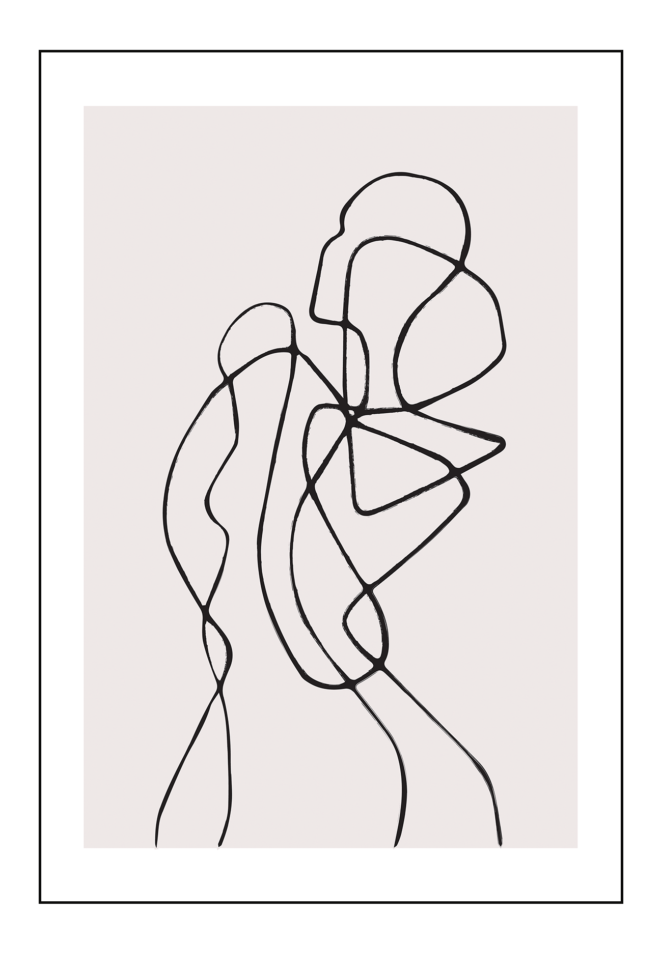 Line art print with black line creating female silhouette on a light pink background 