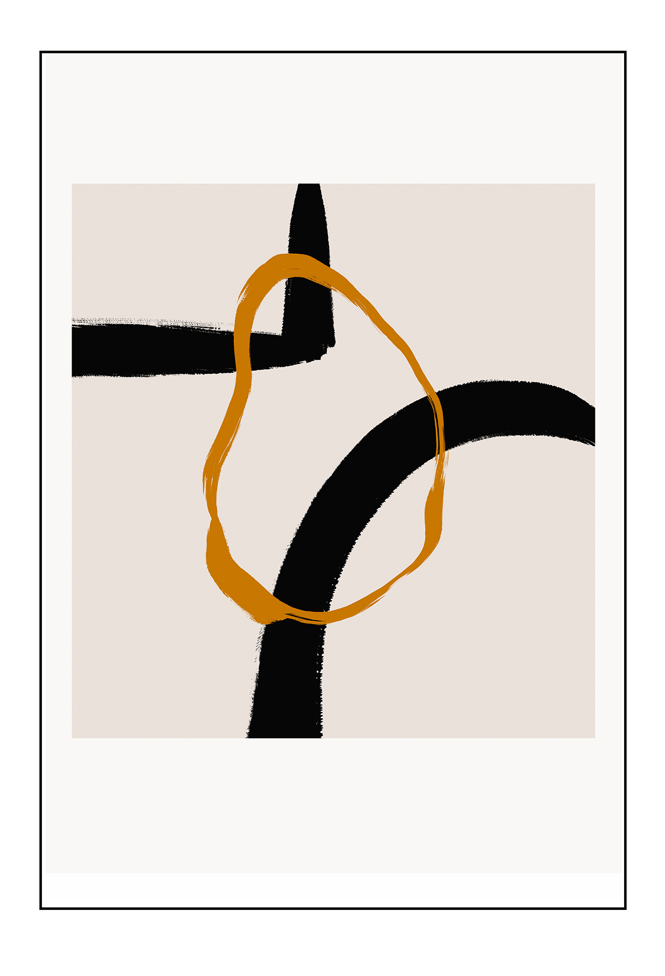 Abstract landscape portrait art print with cream square and orange round shape overlapping black lines in a white border.
