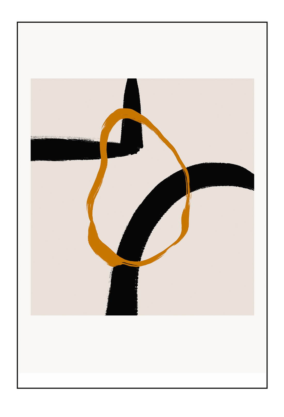Abstract landscape portrait art print with cream square and orange round shape overlapping black lines in a white border.