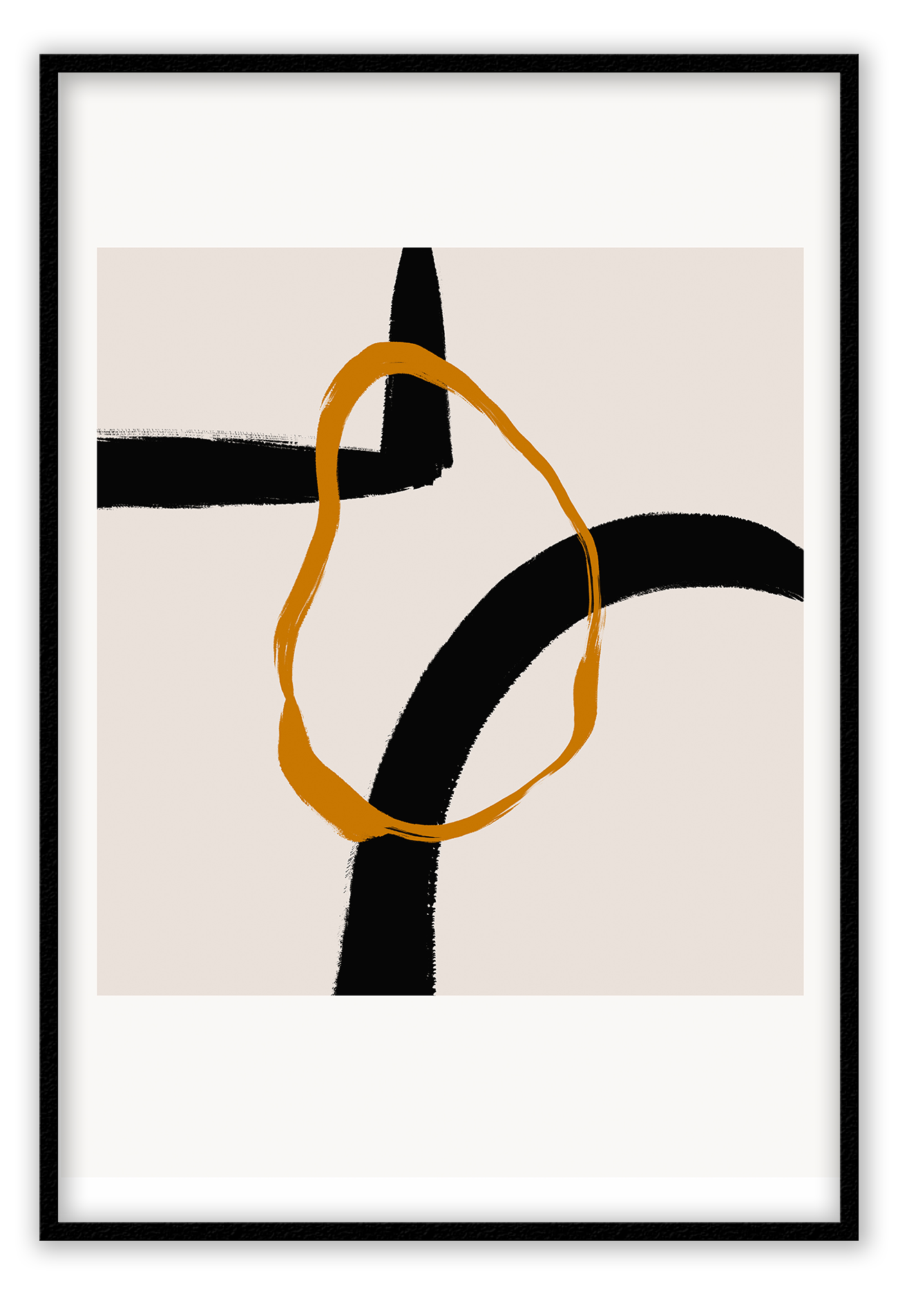Abstract landscape portrait art print with cream square and orange round shape overlapping black lines in a white border.