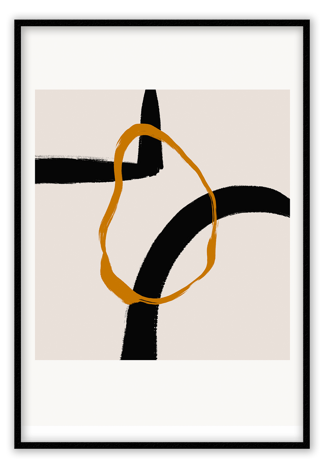 Abstract landscape portrait art print with cream square and orange round shape overlapping black lines in a white border.