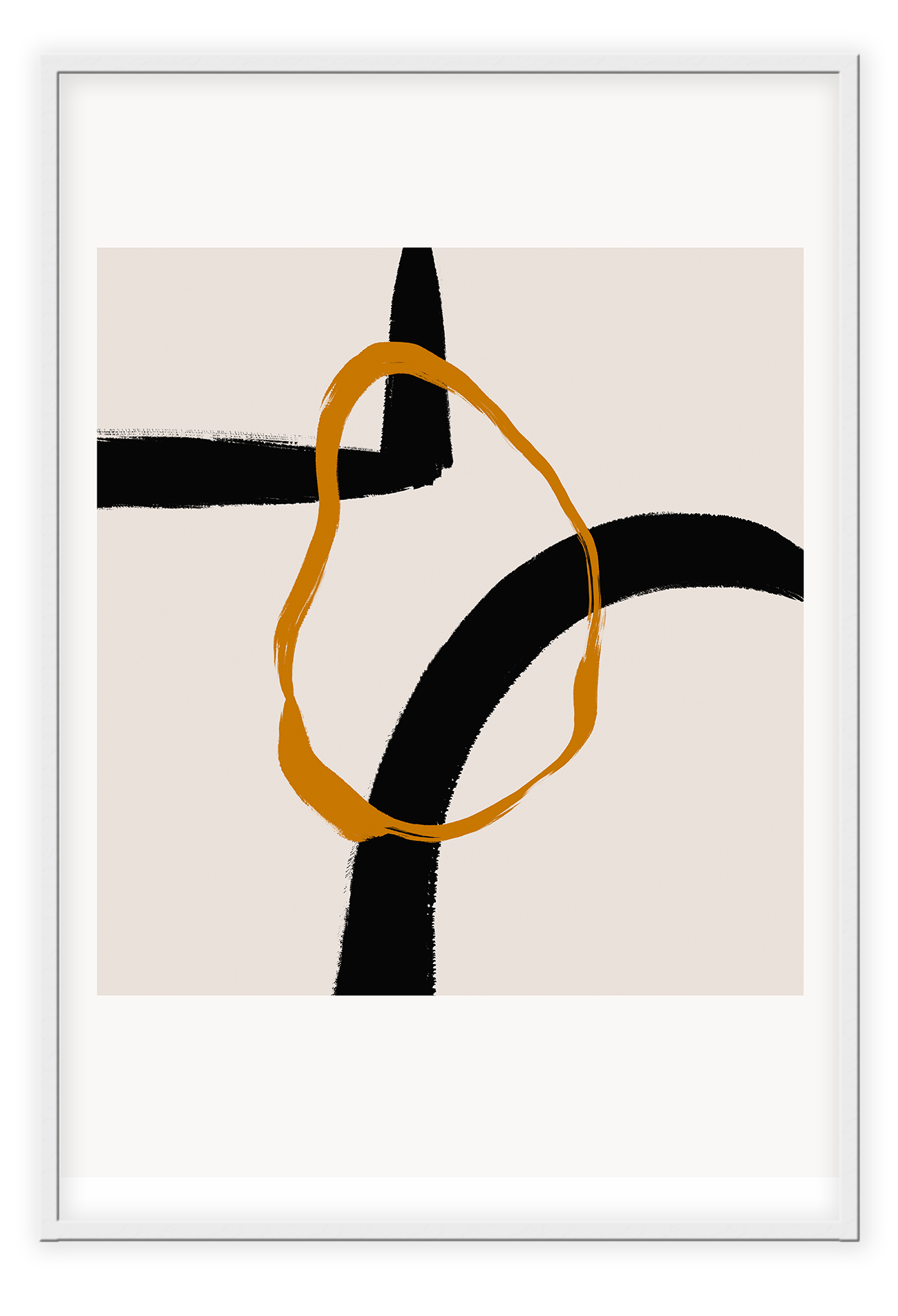 Abstract landscape portrait art print with cream square and orange round shape overlapping black lines in a white border.