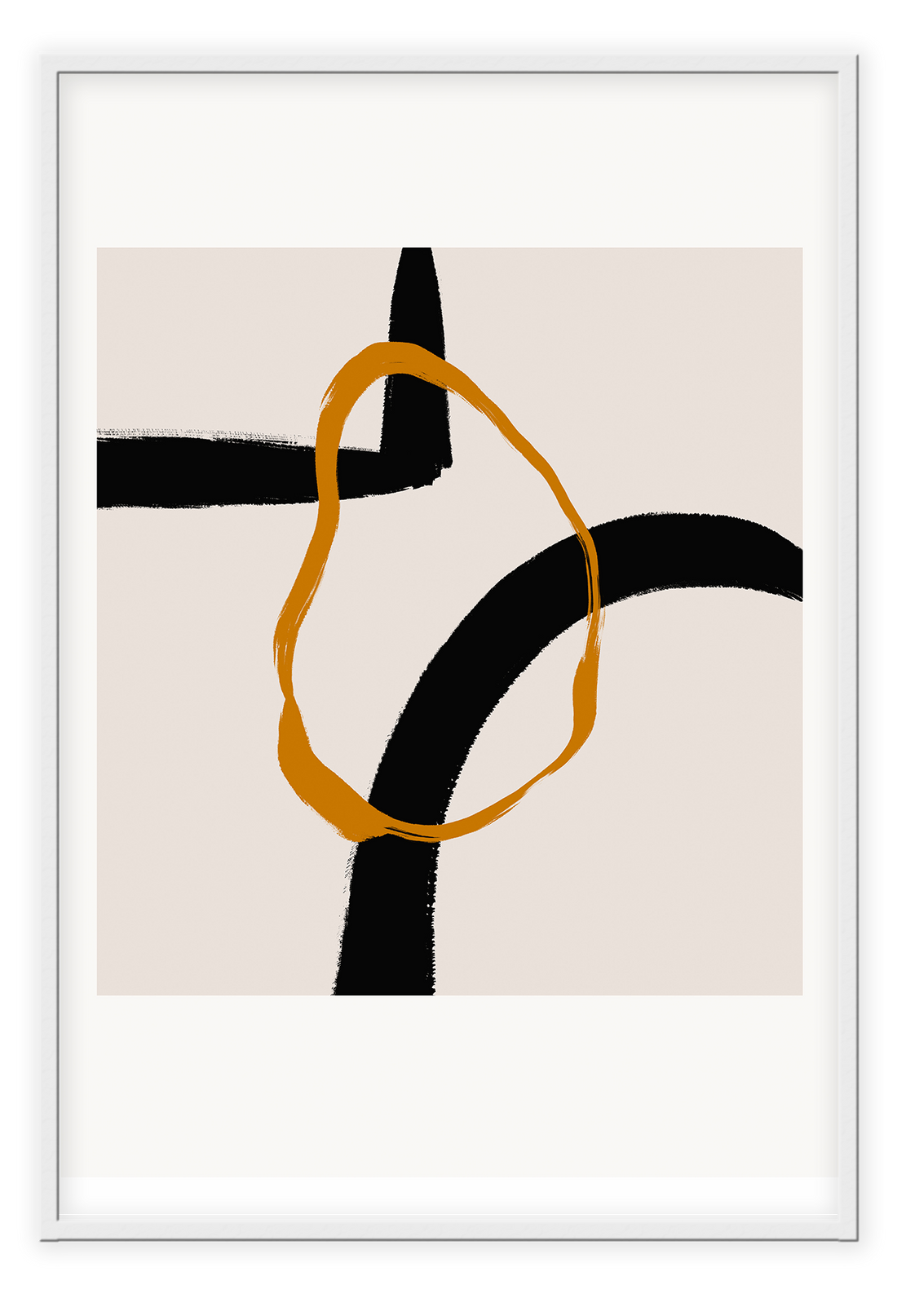 Abstract landscape portrait art print with cream square and orange round shape overlapping black lines in a white border.