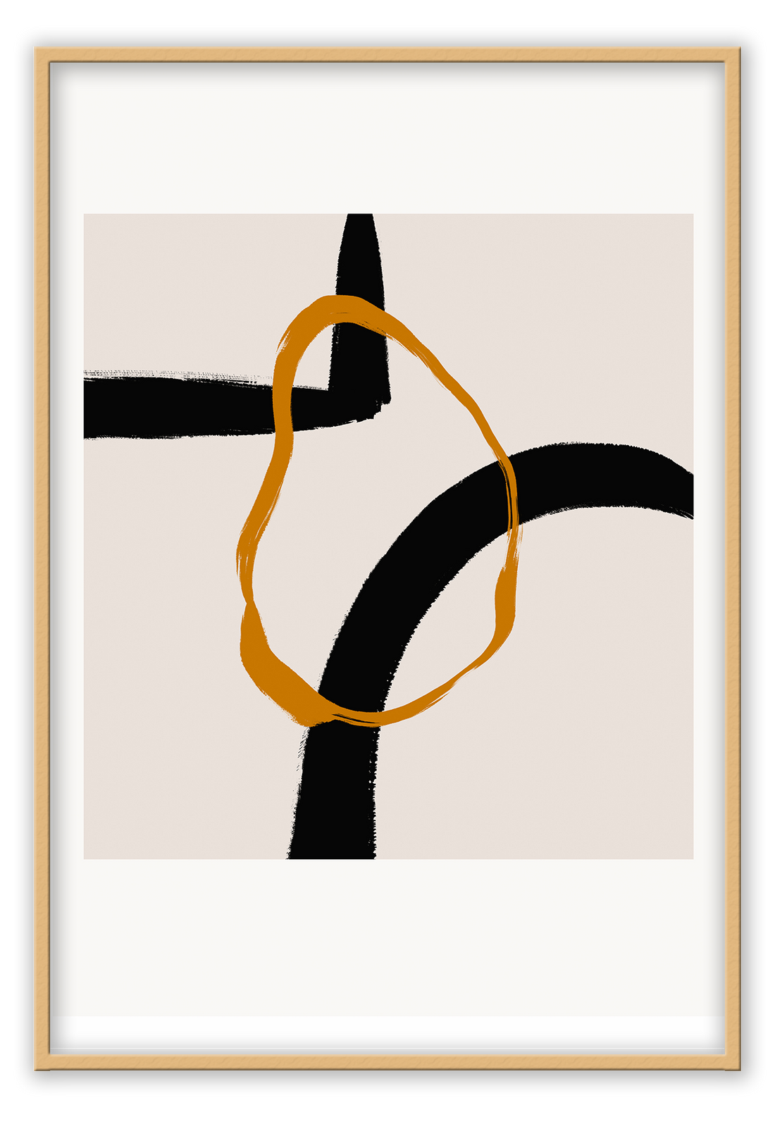 Abstract landscape portrait art print with cream square and orange round shape overlapping black lines in a white border.