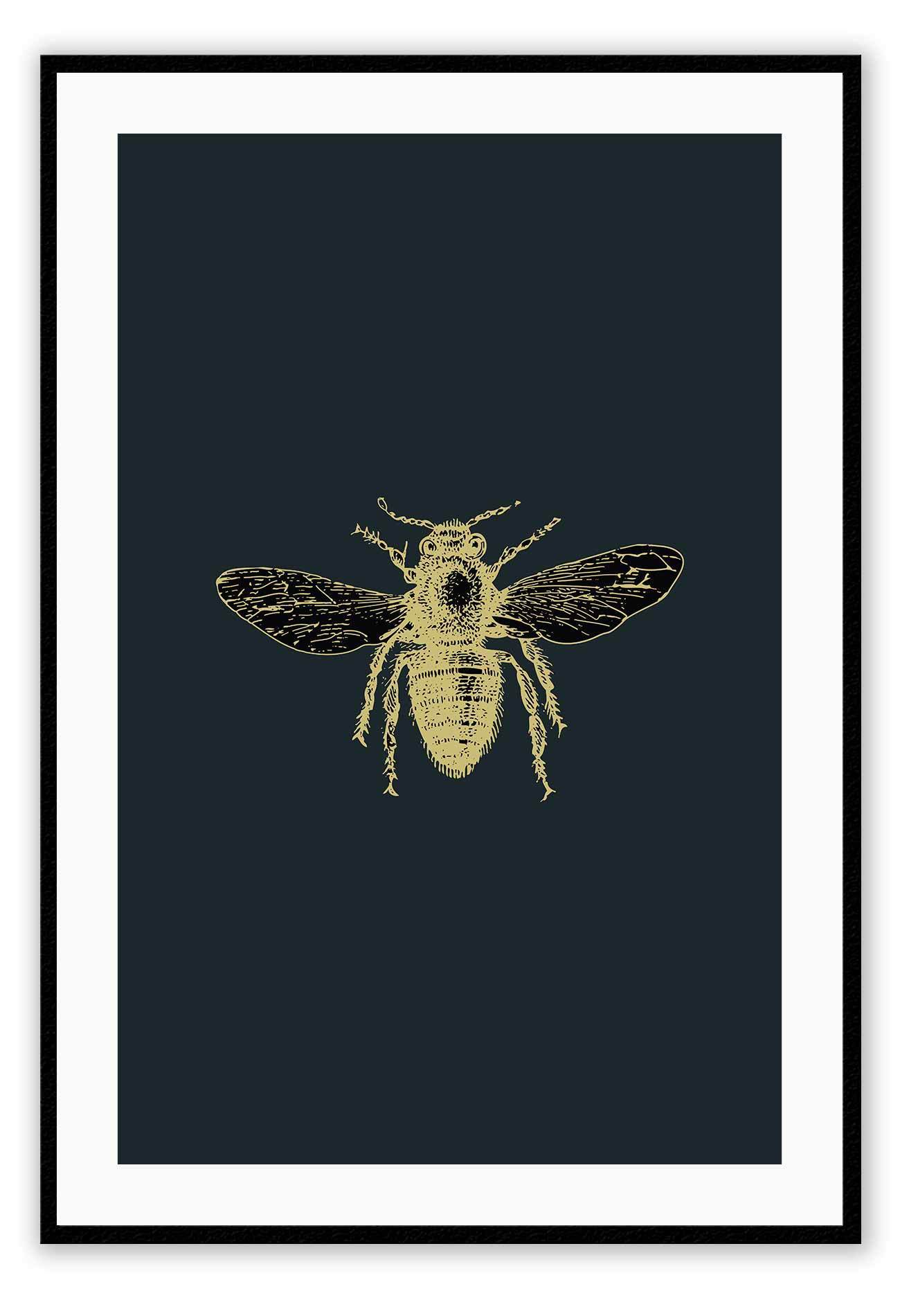 A natural wall art with brass bee on navy blue background that mimics an insect sample
