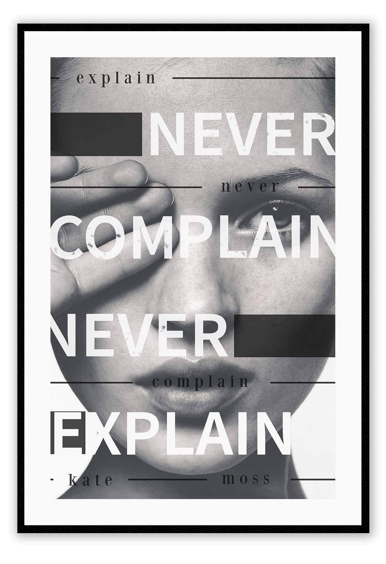kate moss hand over eye never complain never explain text black and white