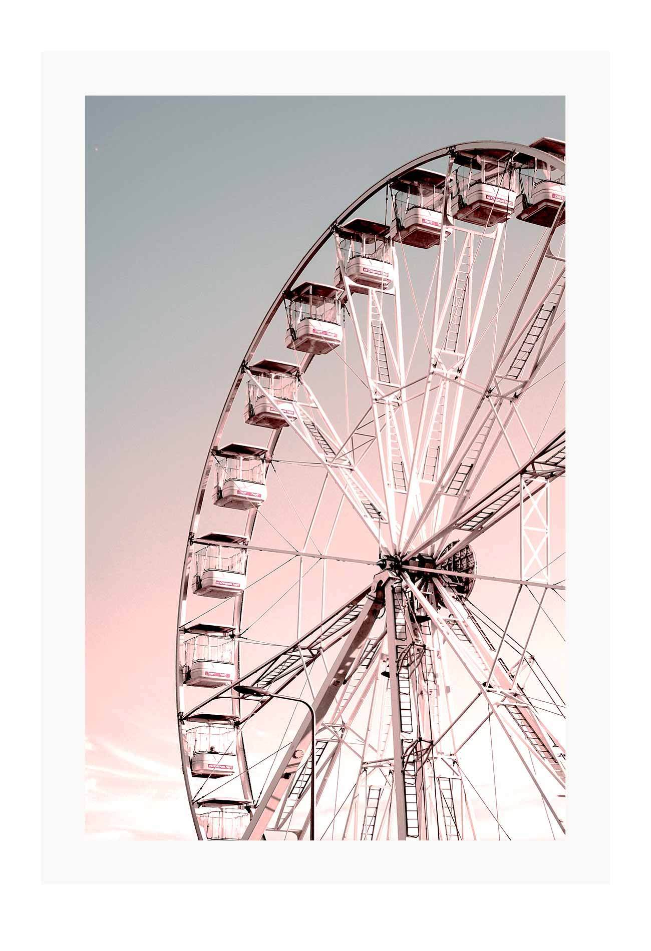 A nursery wall art with ferris wheel in pink and blue sky. 