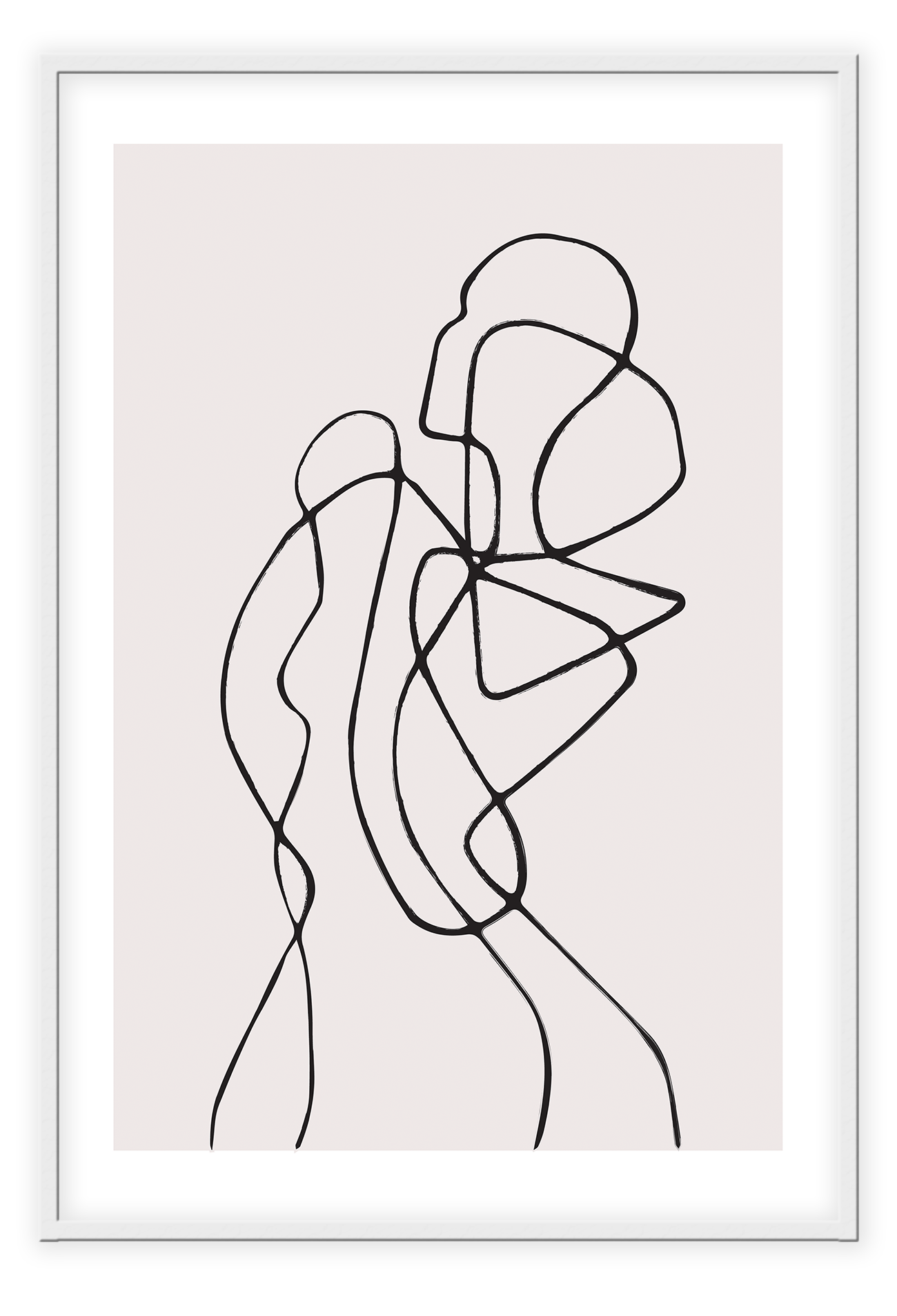 Line art print with black line creating female silhouette on a light pink background 