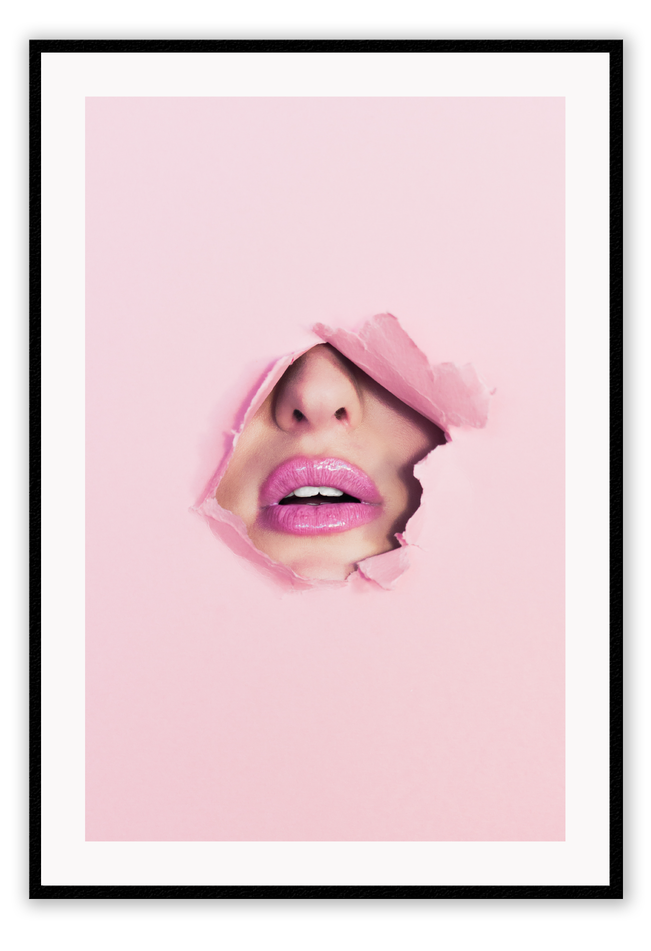 A pink wall art with fashion model face and pink lips. 