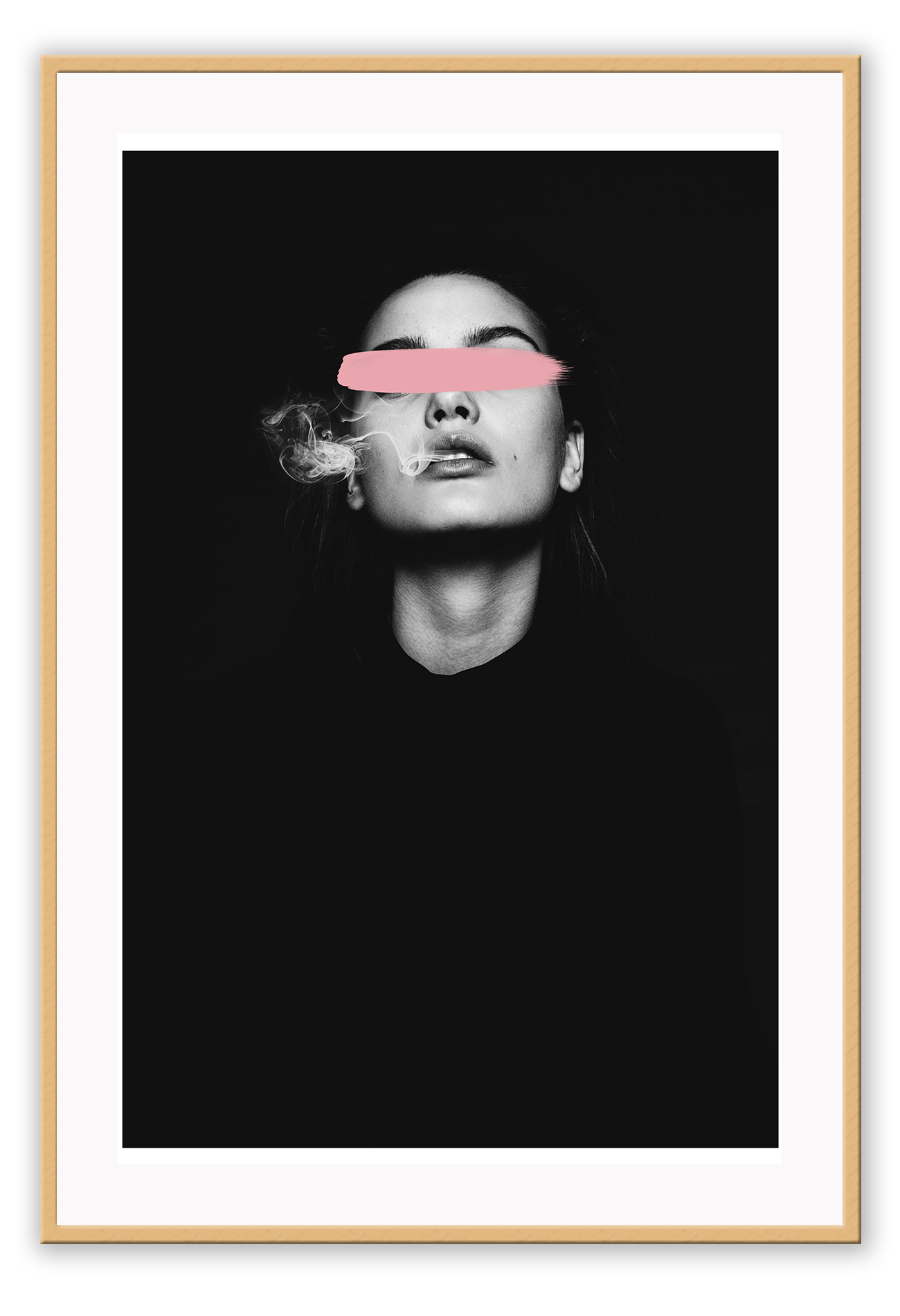 A cutting edge fashion wall art with a sexy smoking lady and pink brush stripe crossing over her eyes on a dark, mysterious cinematic background.