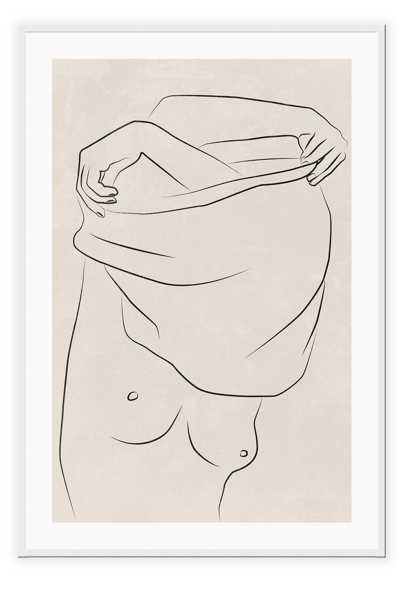 Portrait line art print woman outline black removing shirt on a beige textured background 