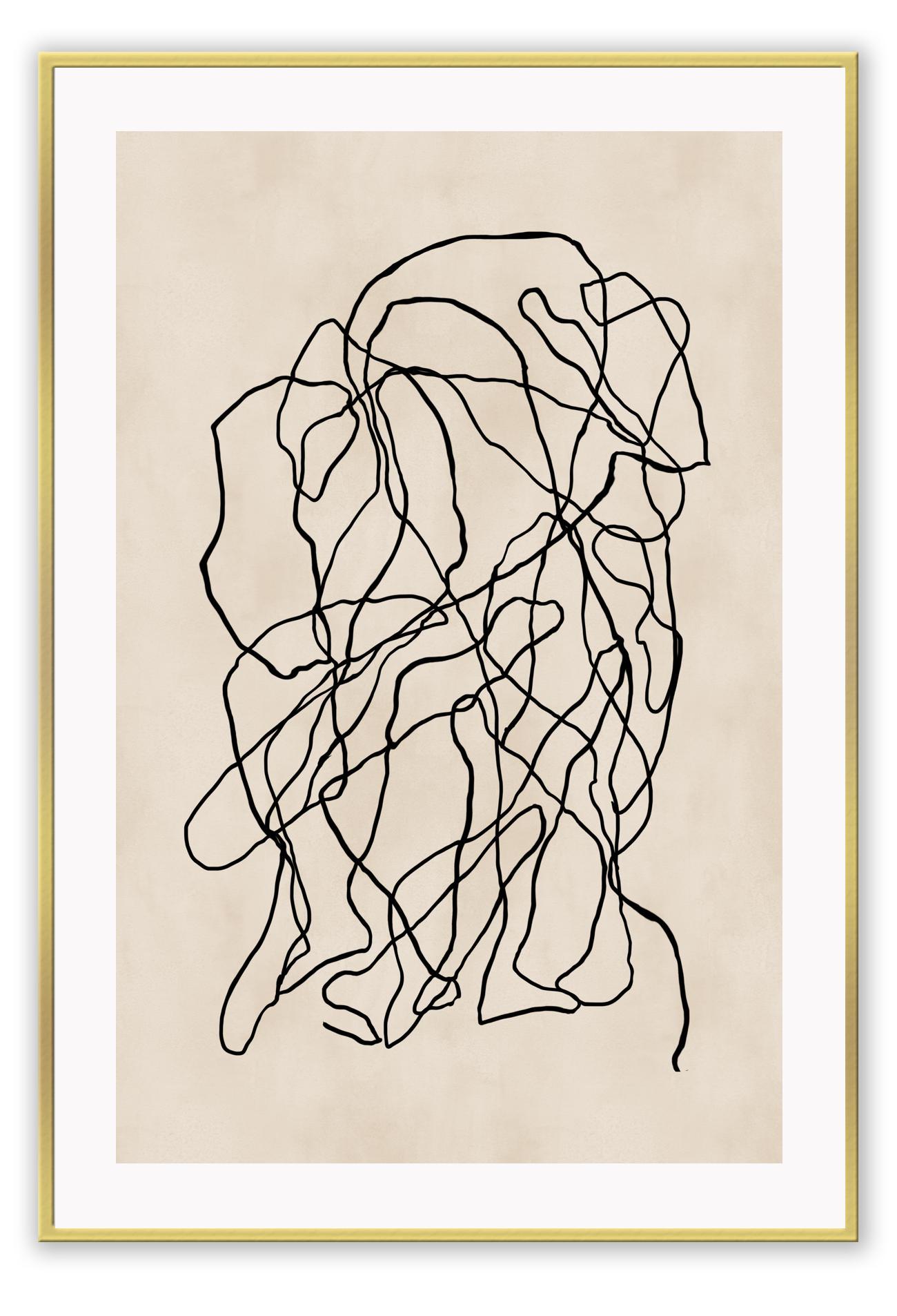 Minimal abstract modern portrait landscape print style small black squiggle lines overlapping cream beige background.