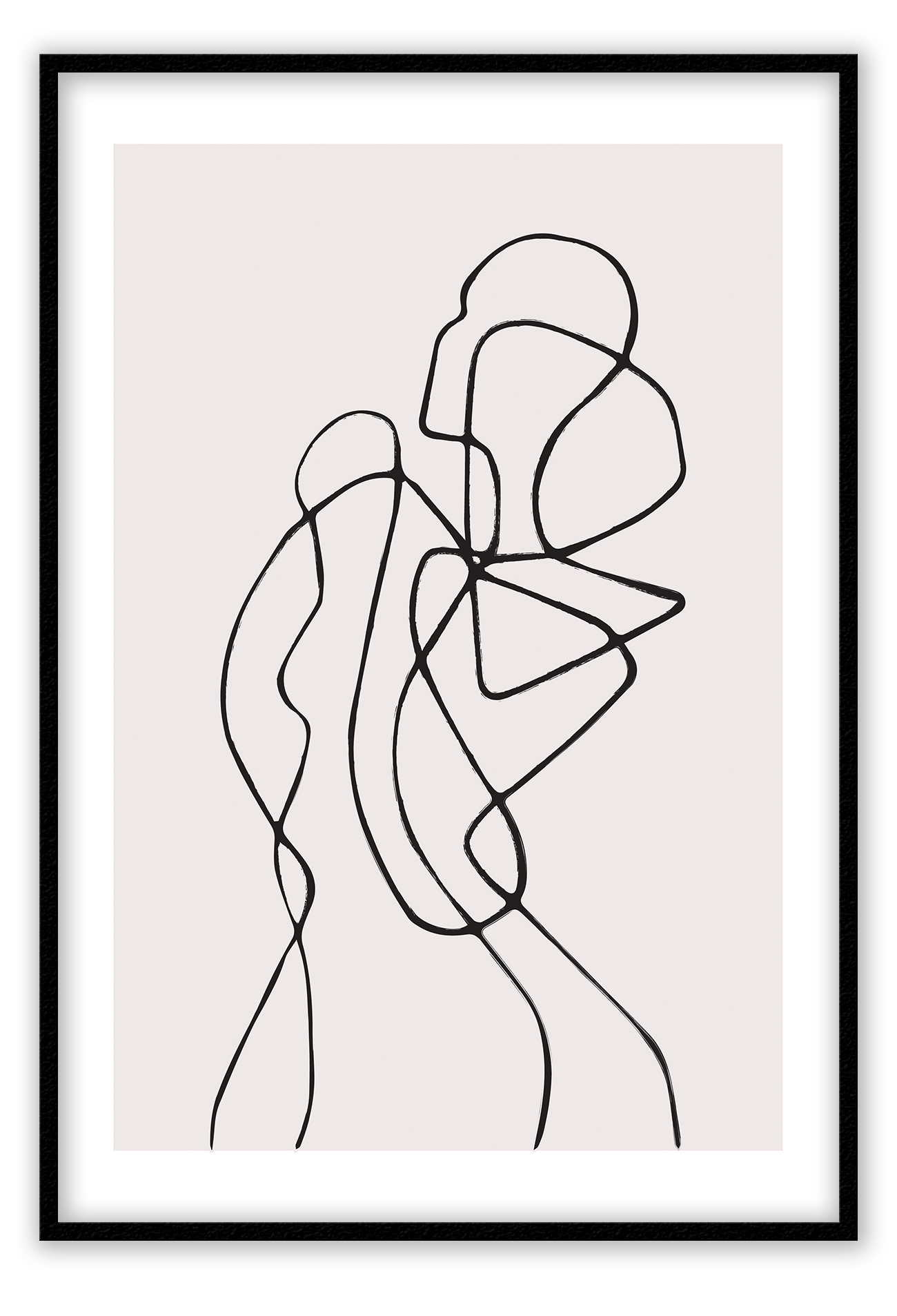 Line art print with black line creating female silhouette on a light pink background 