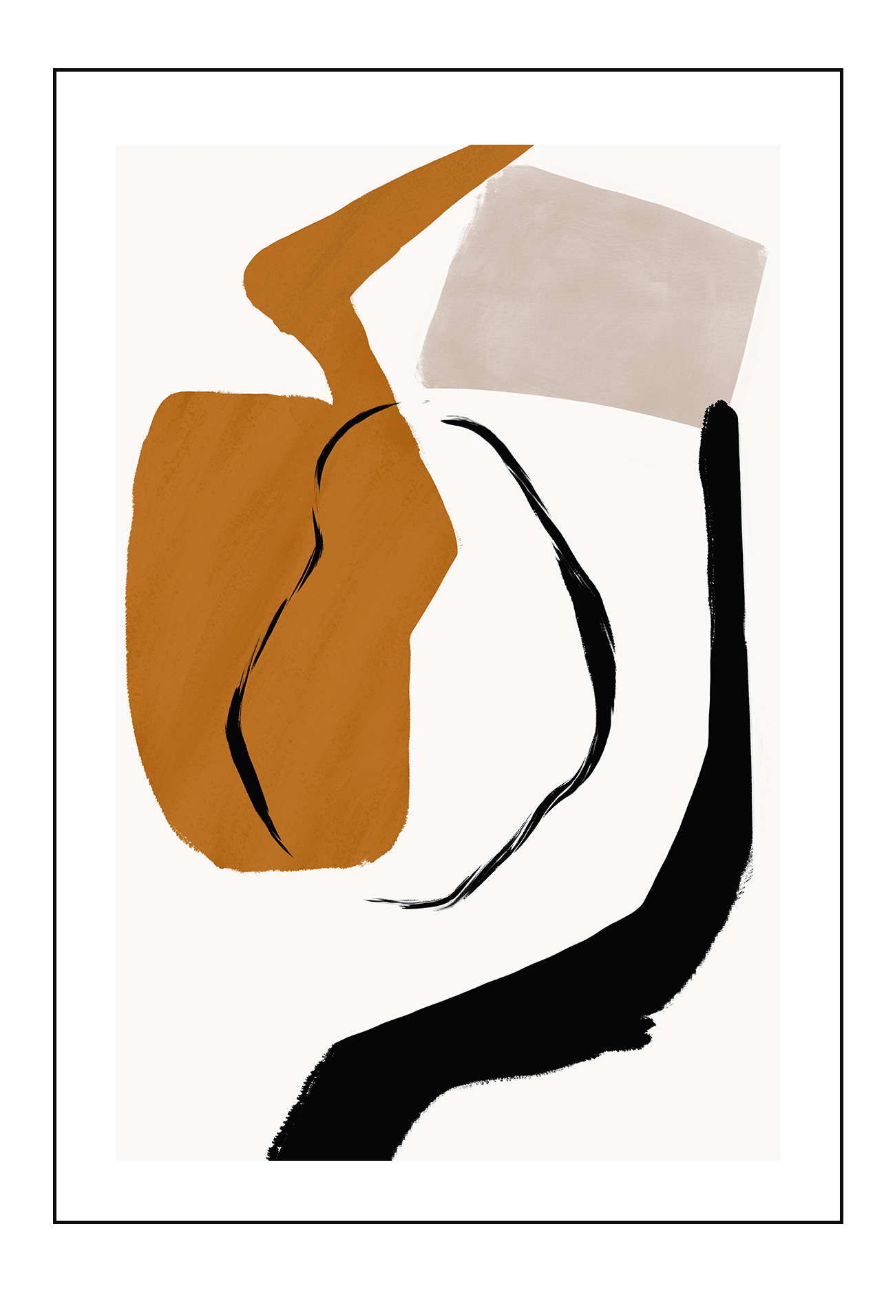 Abstract modern minimalist print portrait landscape with orange black and grey shapes on a white background.