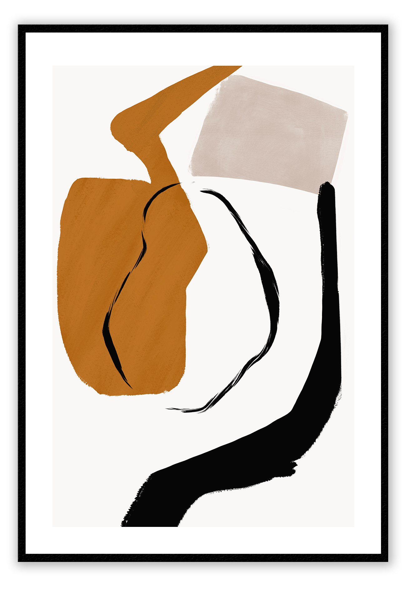 Abstract modern minimalist print portrait landscape with orange black and grey shapes on a white background.