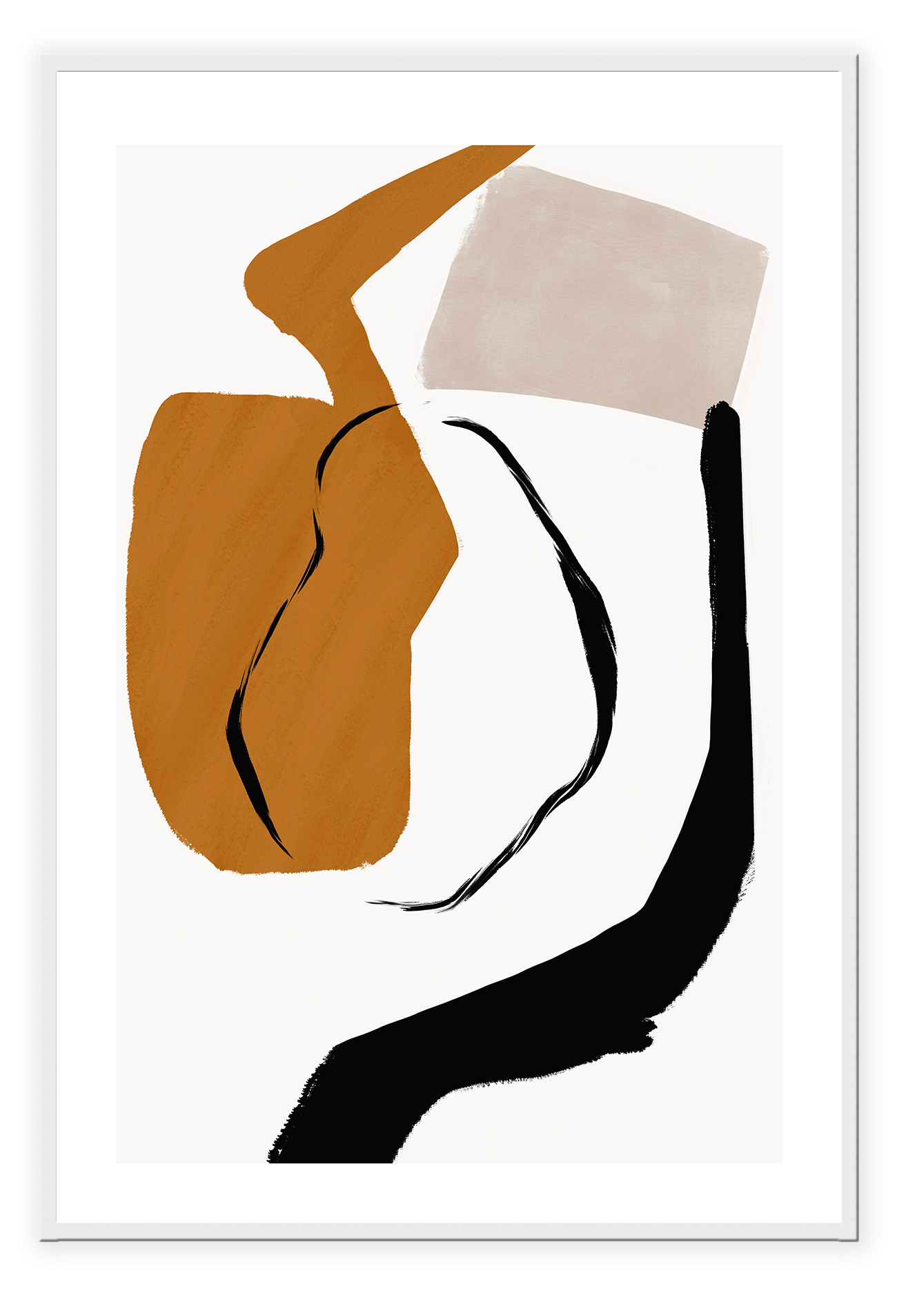 Abstract modern minimalist print portrait landscape with orange black and grey shapes on a white background.