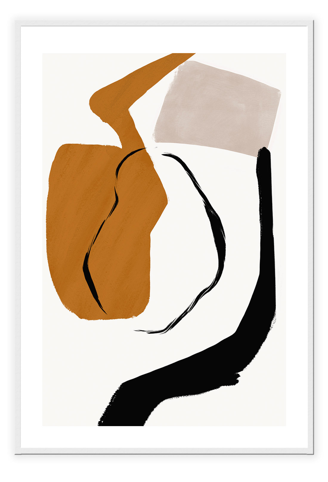 Abstract modern minimalist print portrait landscape with orange black and grey shapes on a white background.