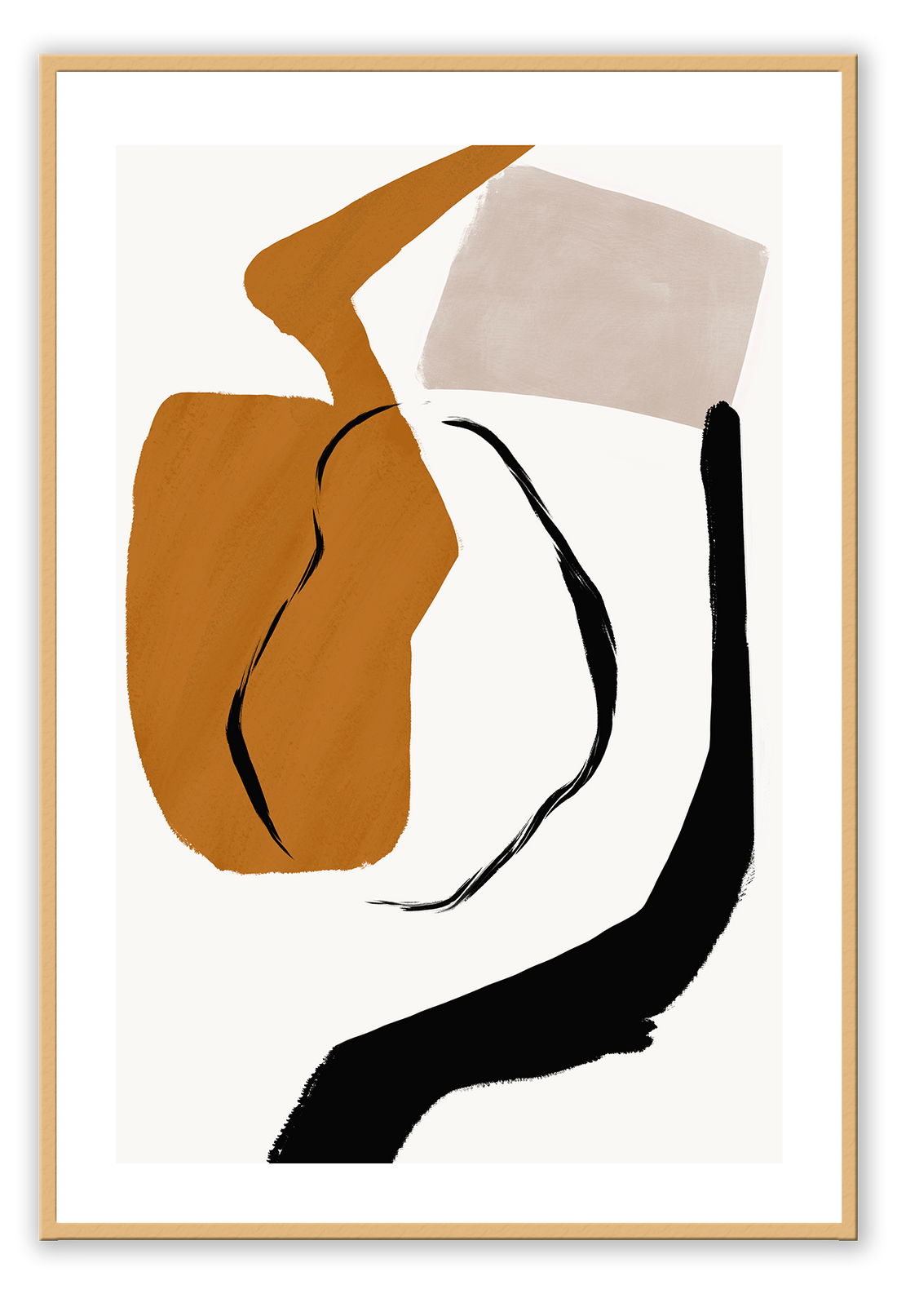 Abstract modern minimalist print portrait landscape with orange black and grey shapes on a white background.