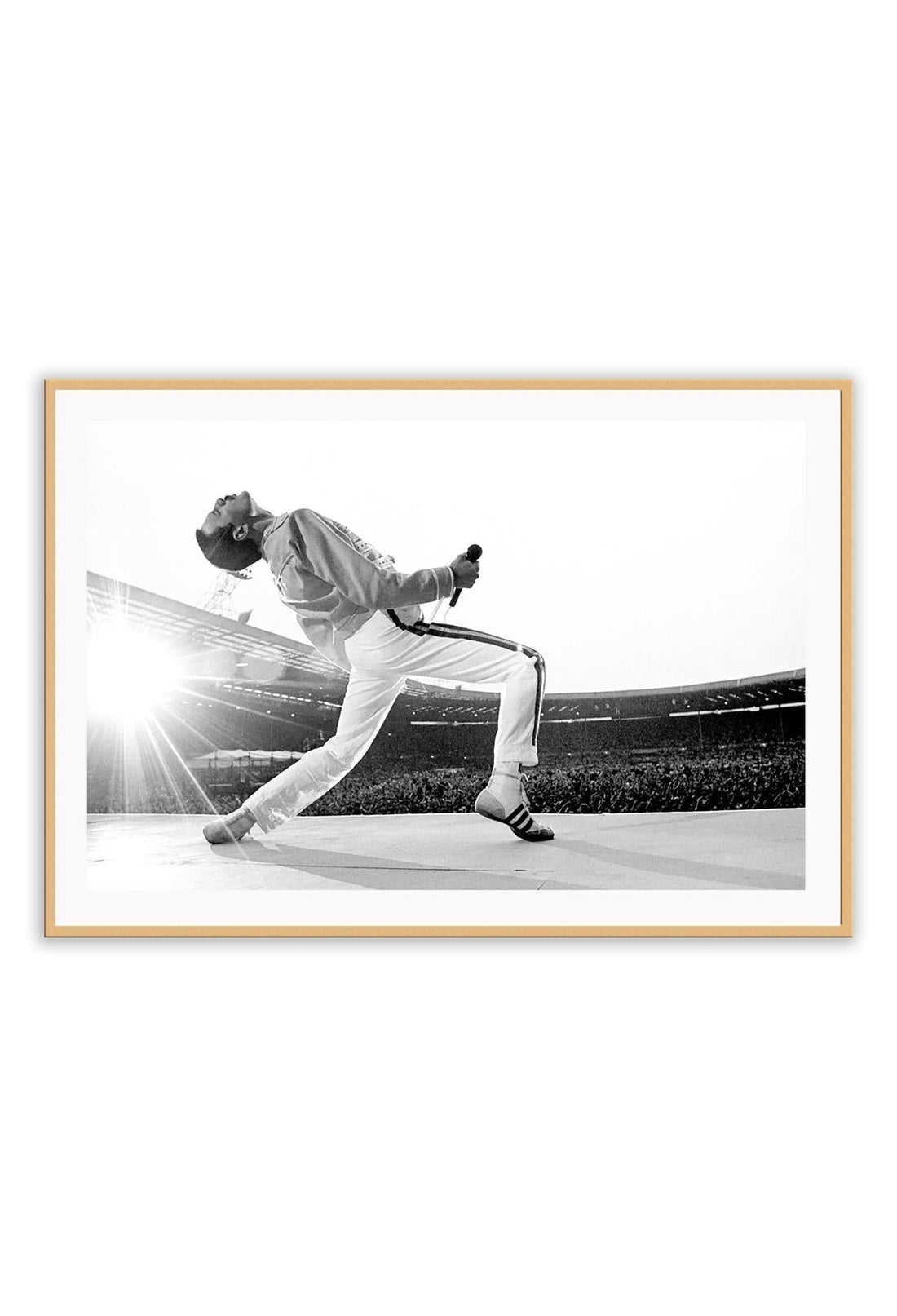 A framed black and white photograph of Freddie Mercury in a dynamic pose, mounted in a matte black frame.