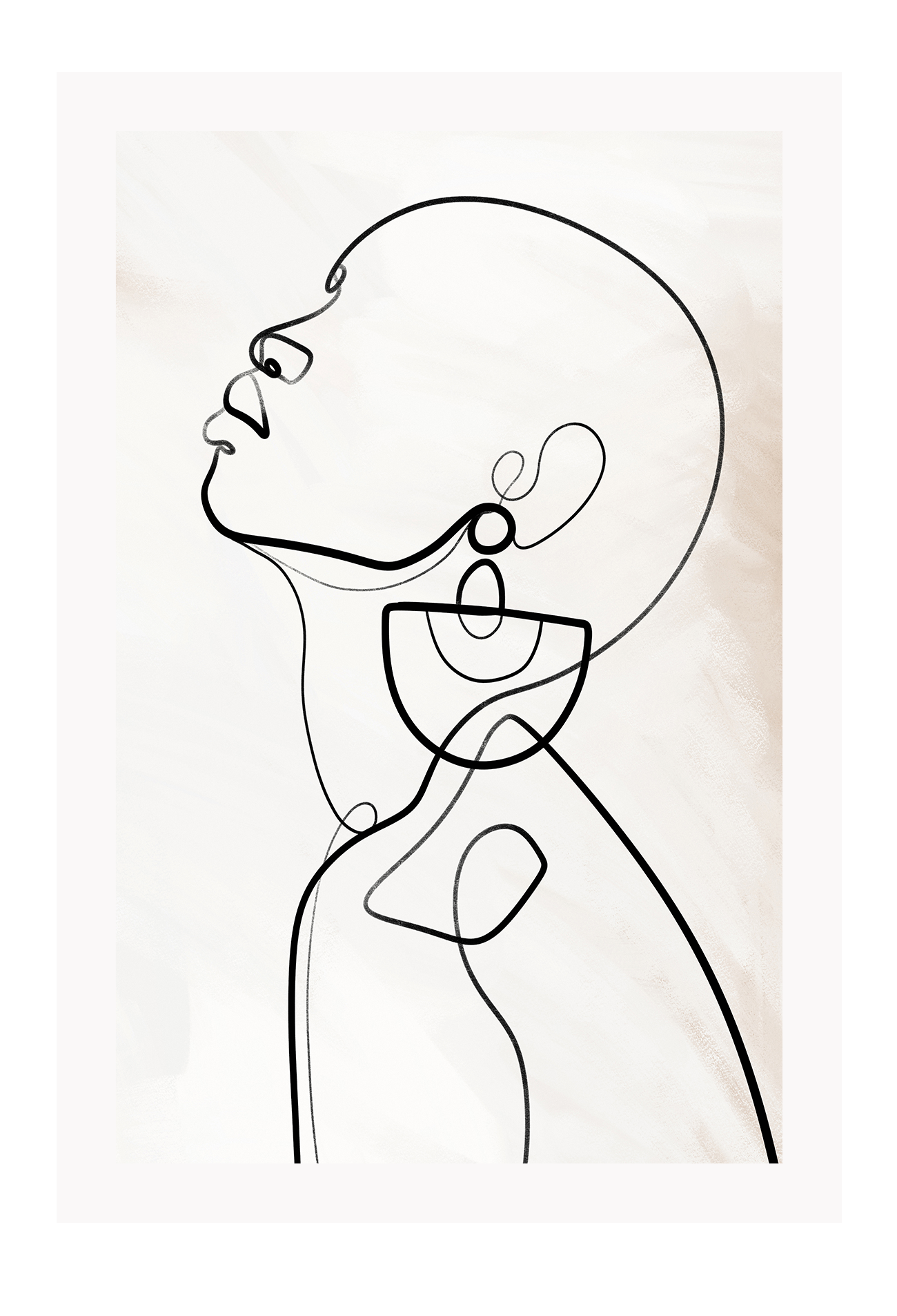 Modern line art sketch print woman portrait profile earring body bedroom shape lady black line cream background.