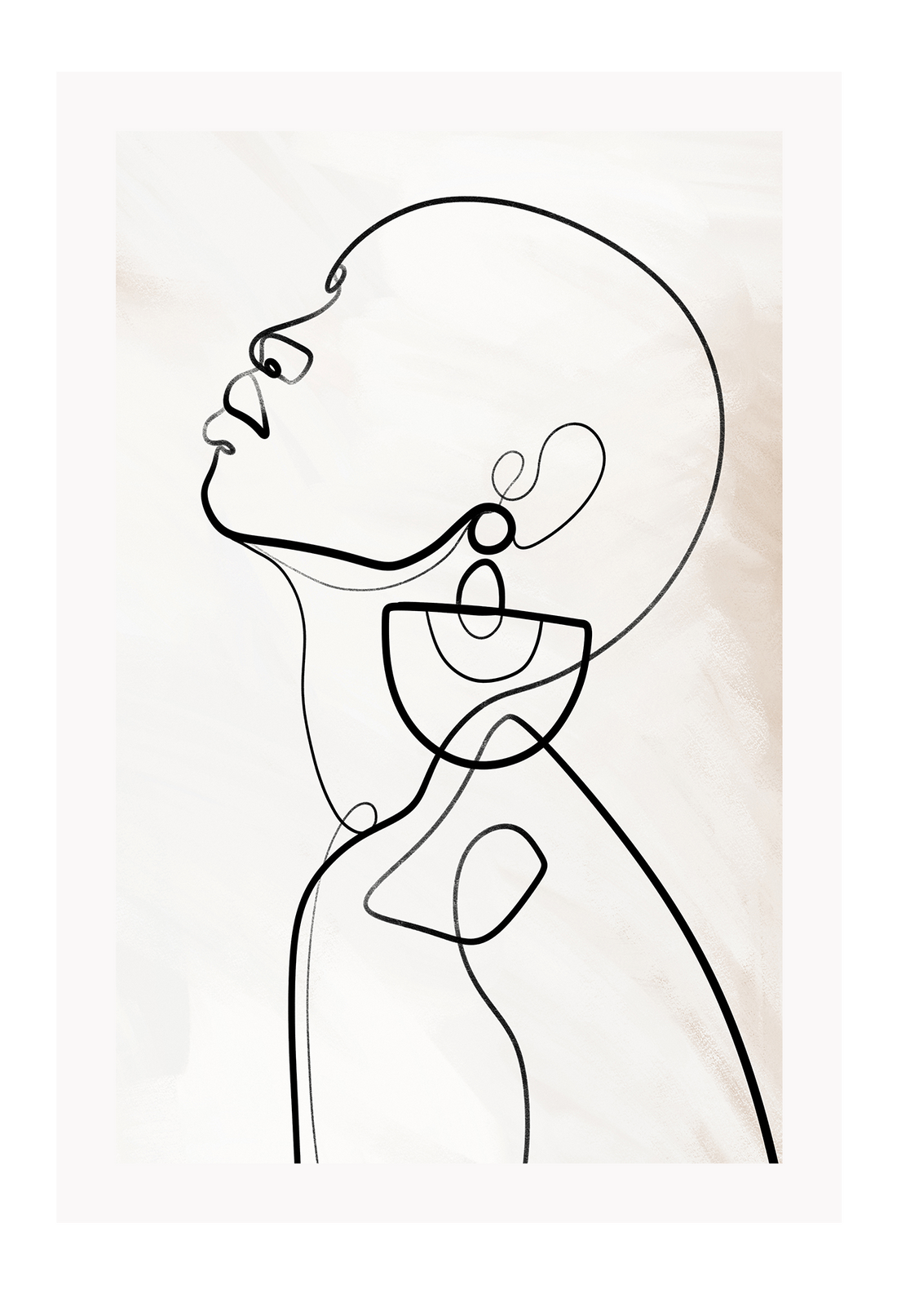 Modern line art sketch print woman portrait profile earring body bedroom shape lady black line cream background.