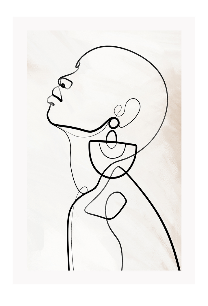 Modern line art sketch print woman portrait profile earring body bedroom shape lady black line cream background.