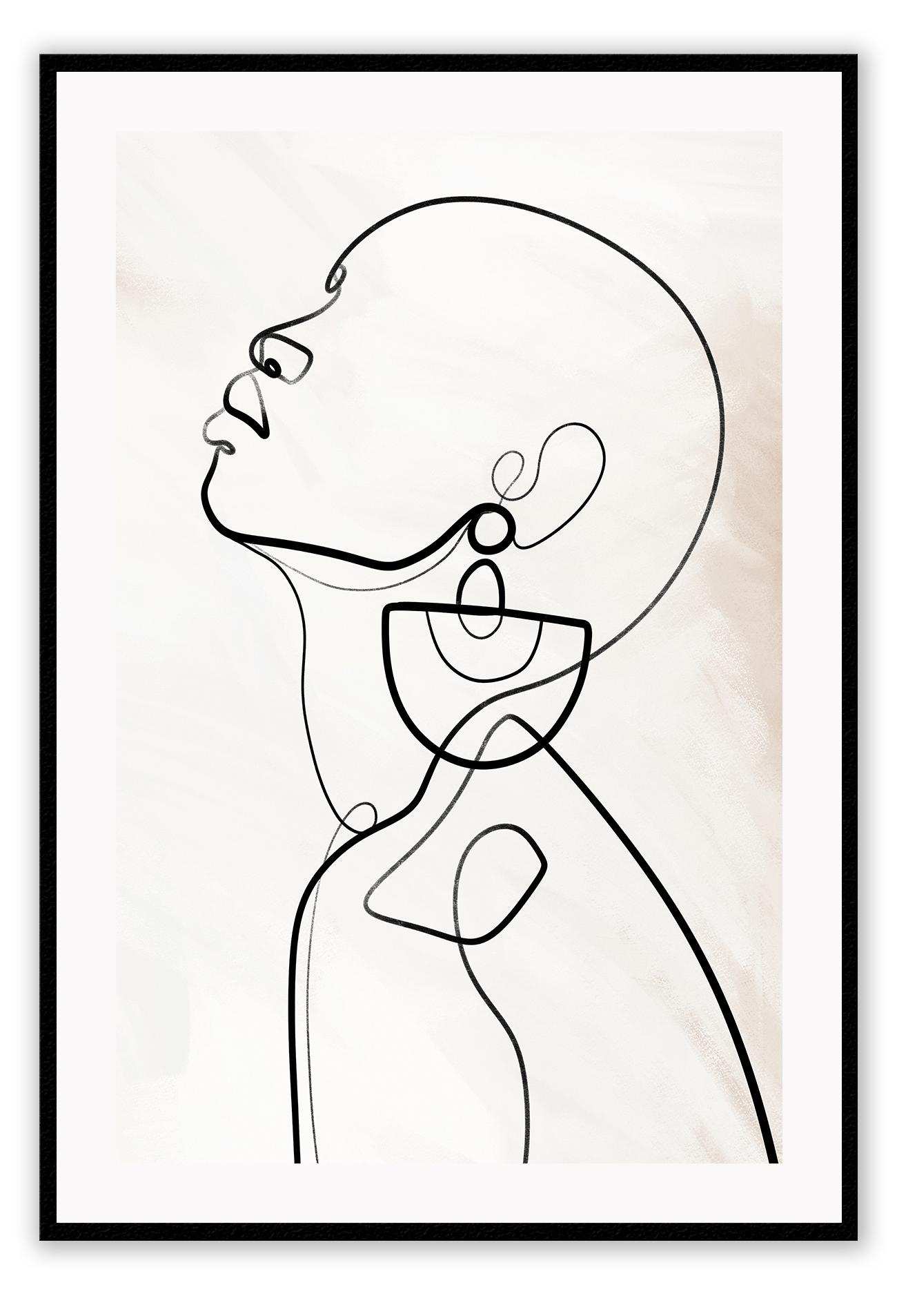 Modern line art sketch print woman portrait profile earring body bedroom shape lady black line cream background.
