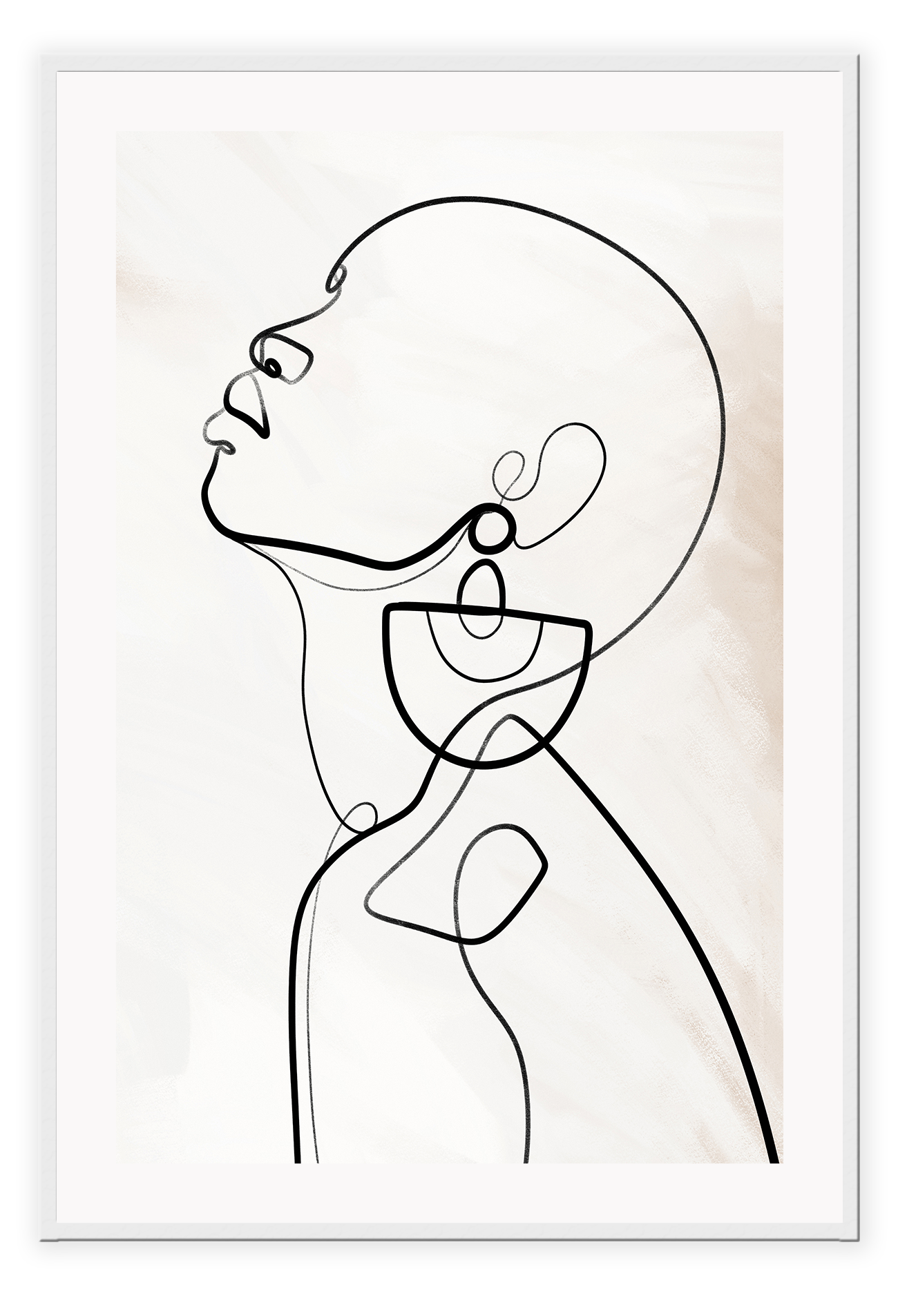 Modern line art sketch print woman portrait profile earring body bedroom shape lady black line cream background.