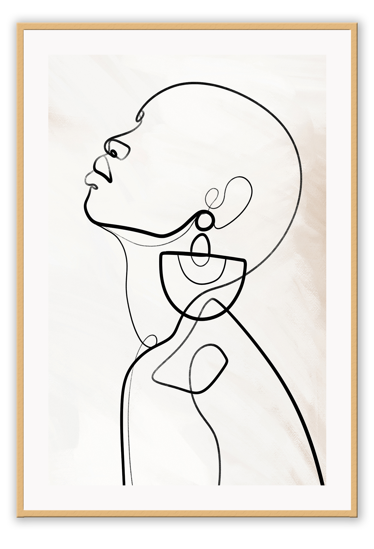 Modern line art sketch print woman portrait profile earring body bedroom shape lady black line cream background.