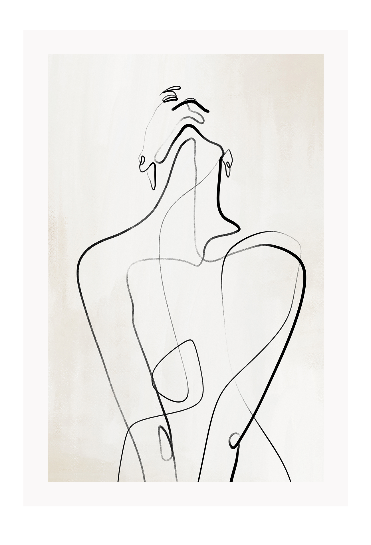 Modern line art sketch print woman portrait outline body bedroom shape lady black line cream background.