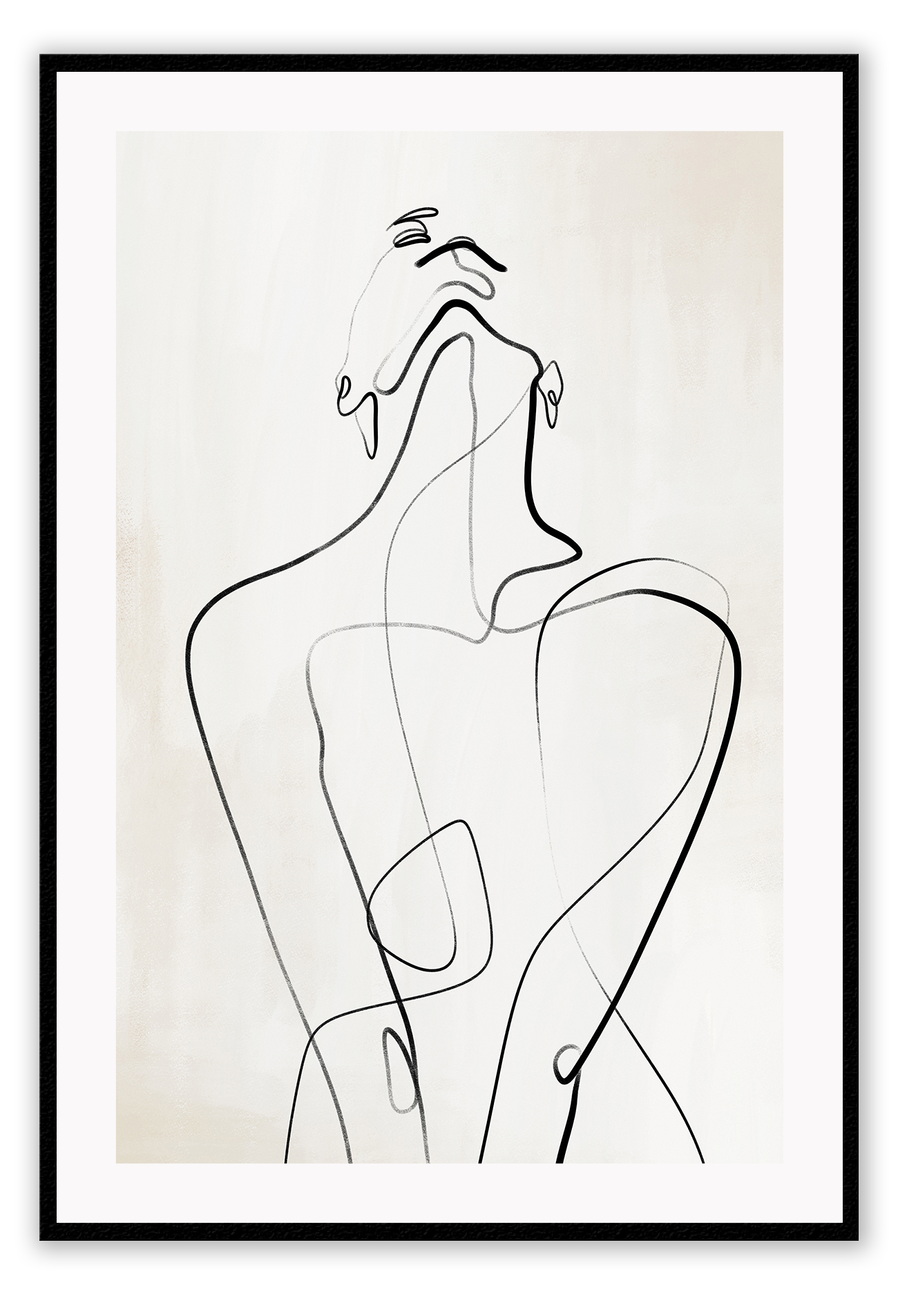 Modern line art sketch print woman portrait outline body bedroom shape lady black line cream background.