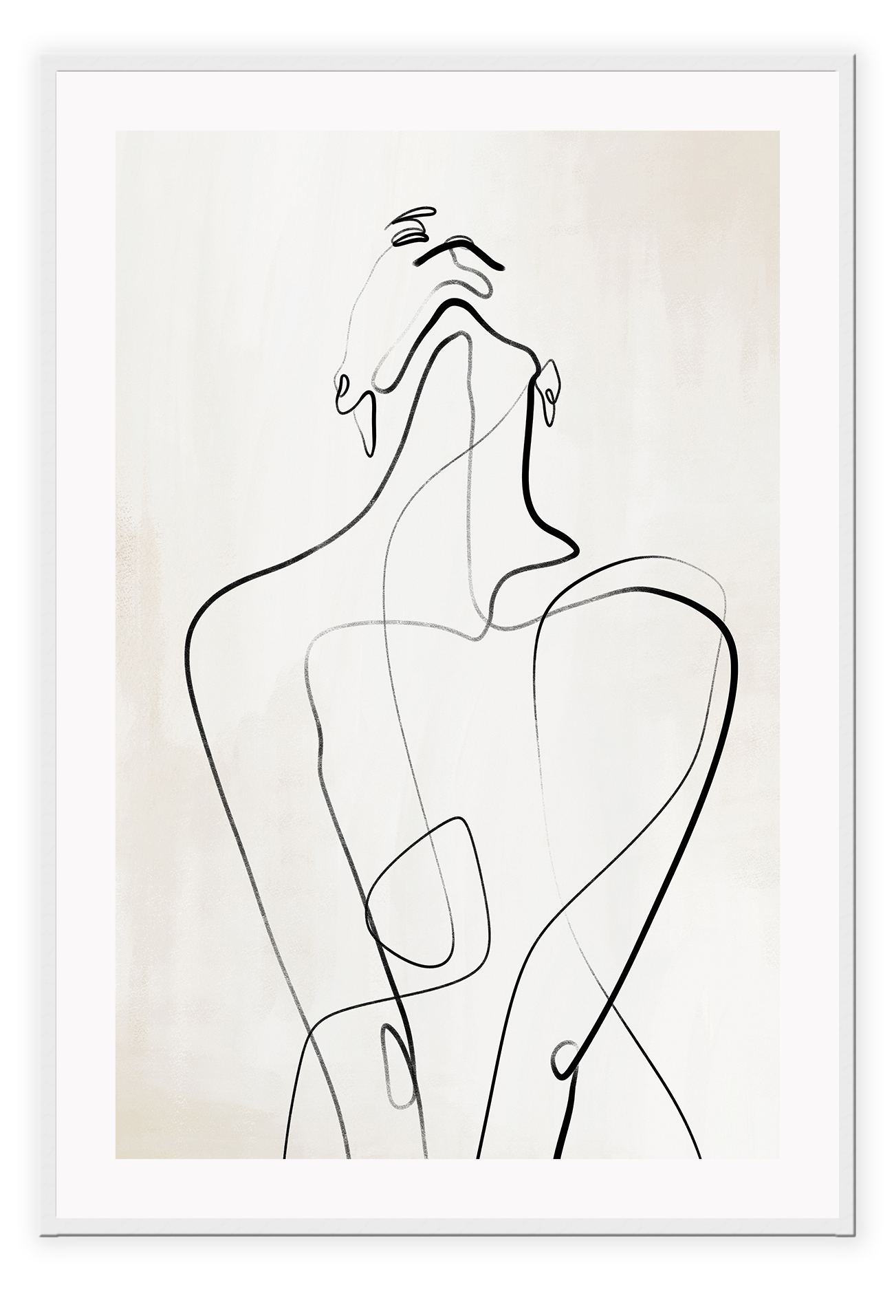Modern line art sketch print woman portrait outline body bedroom shape lady black line cream background.