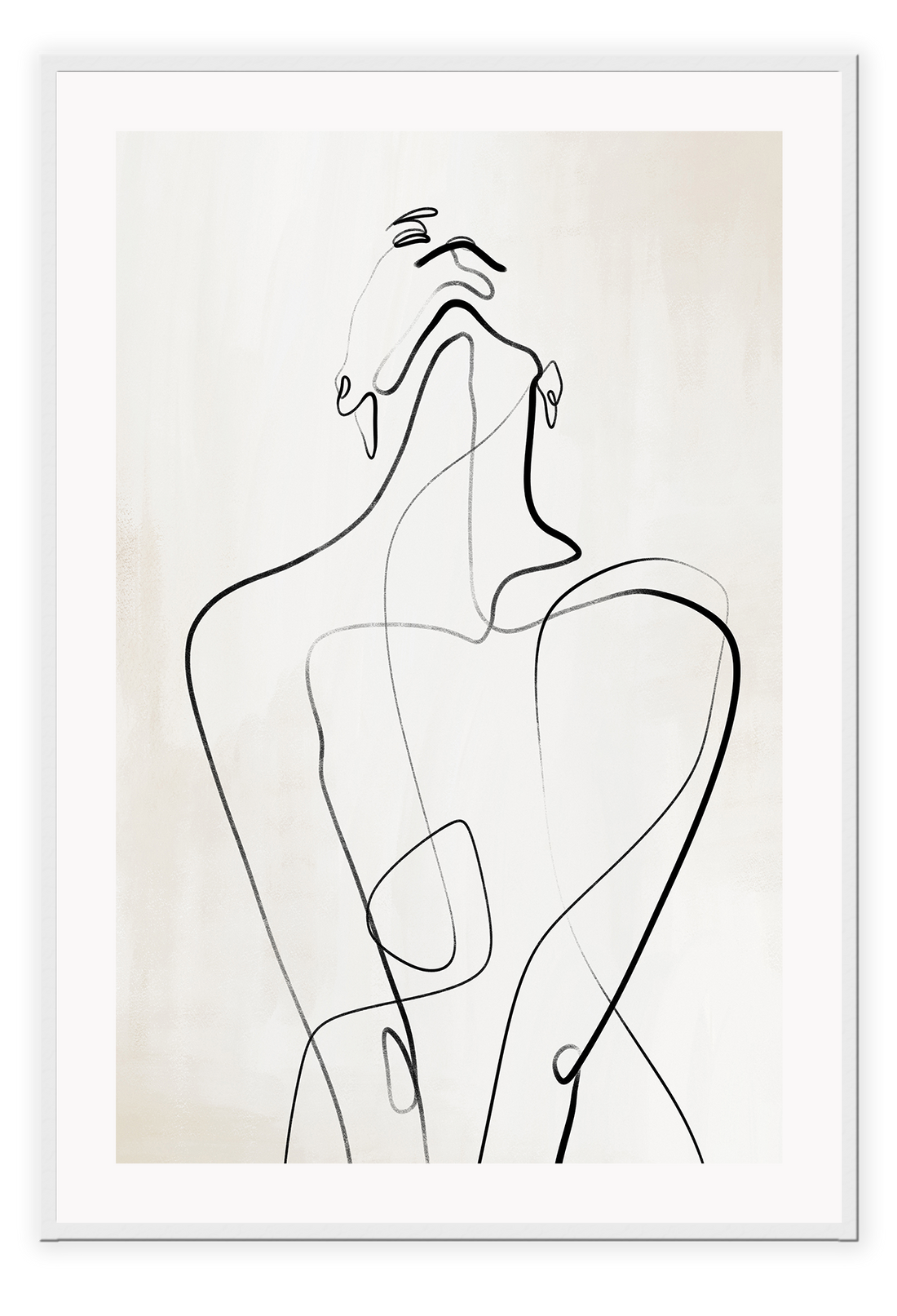 Modern line art sketch print woman portrait outline body bedroom shape lady black line cream background.