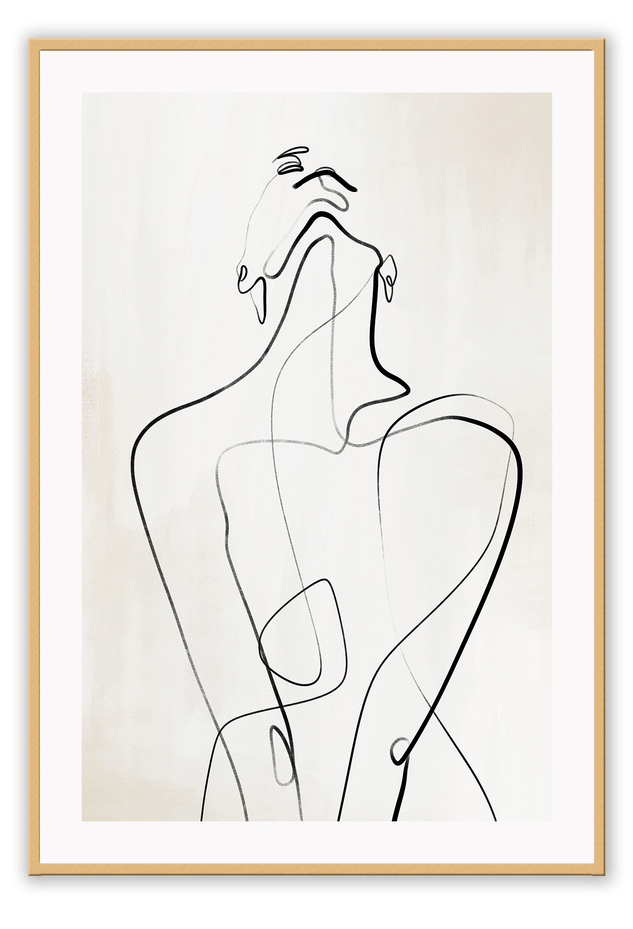 Modern line art sketch print woman portrait outline body bedroom shape lady black line cream background.