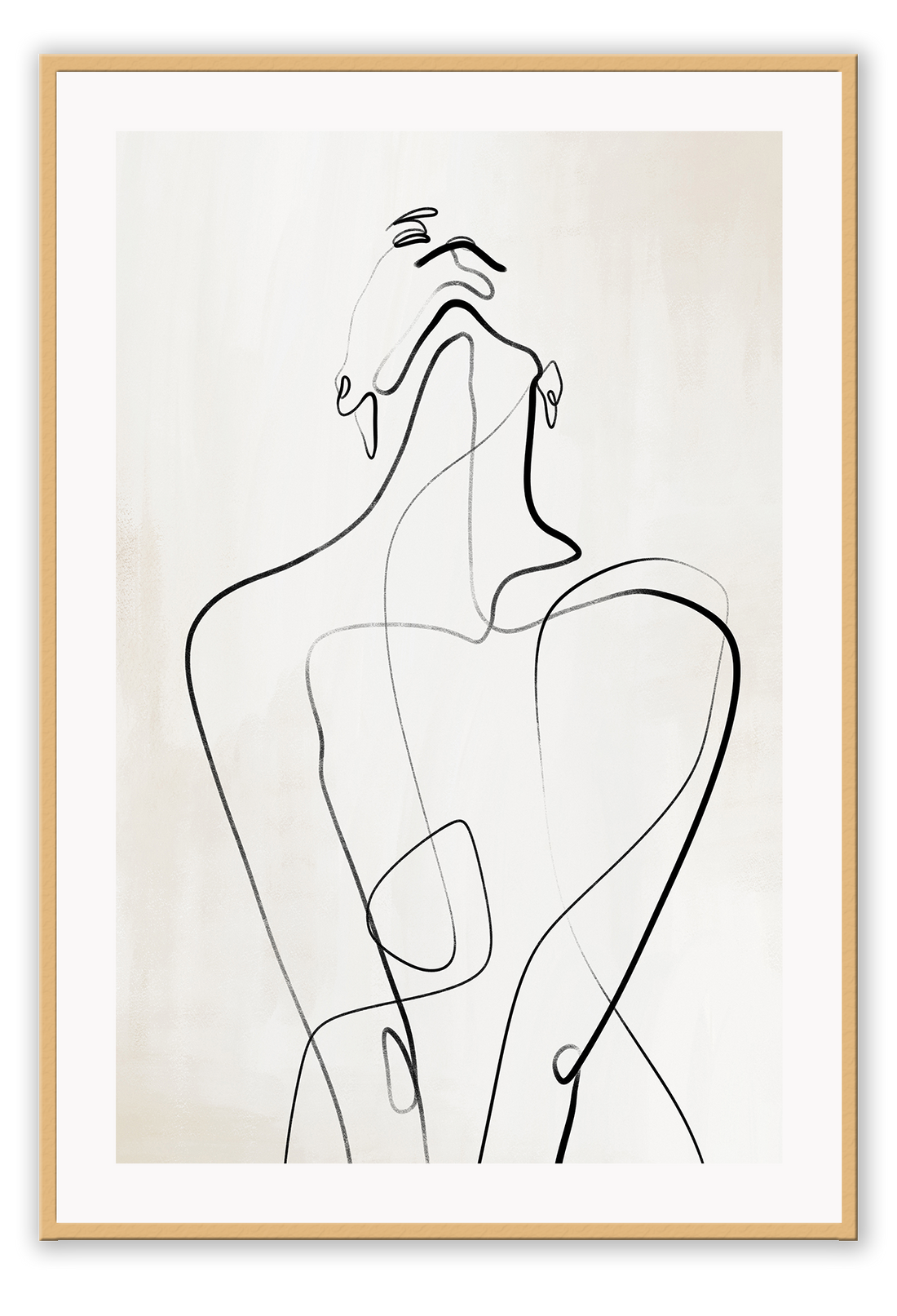 Modern line art sketch print woman portrait outline body bedroom shape lady black line cream background.