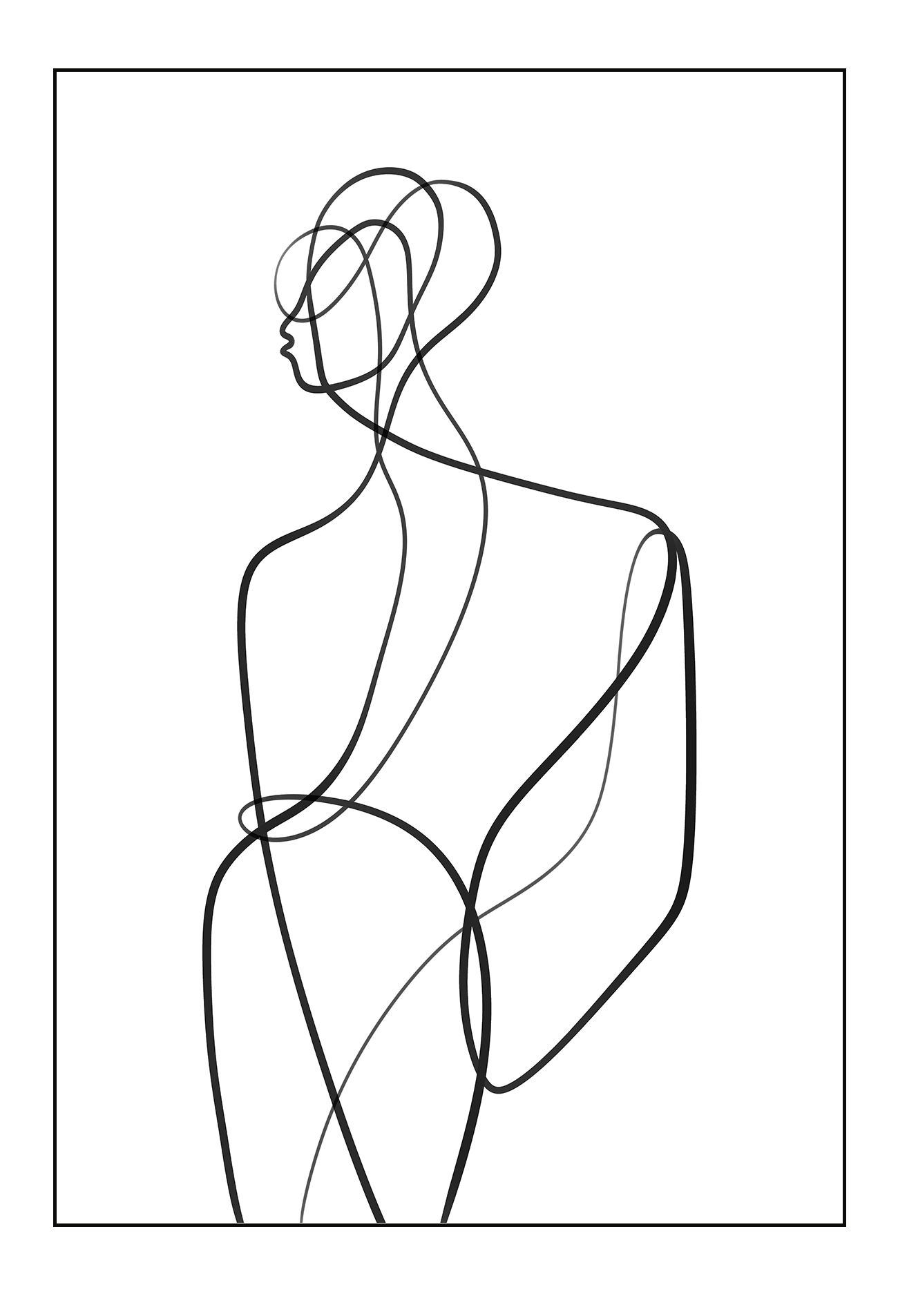Line art minimal scandi portrait print outline shape woman hand body sexy bedroom black line on white background.