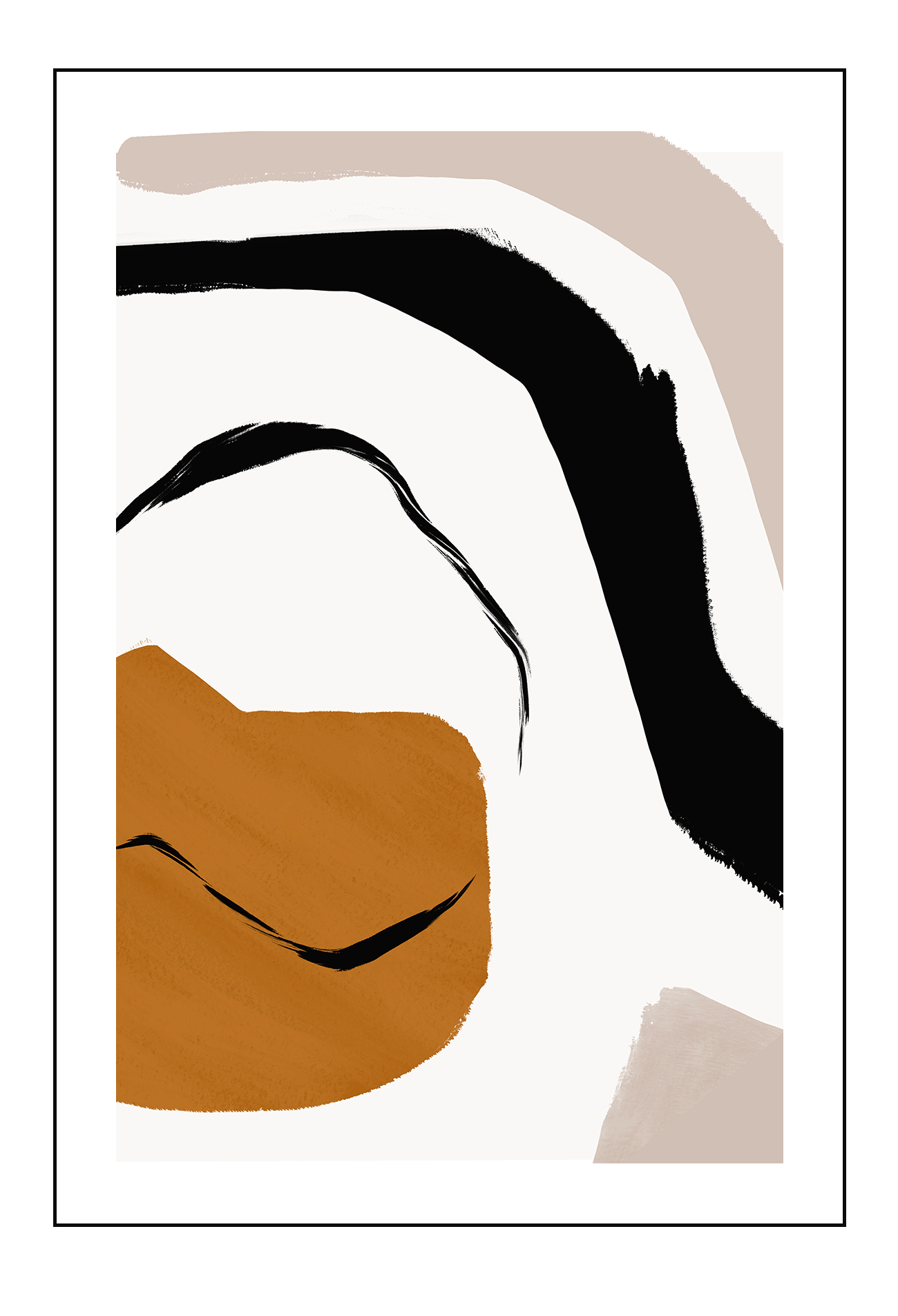 Abstract modern minimalist print portrait landscape with orange black and grey shapes on a white background.