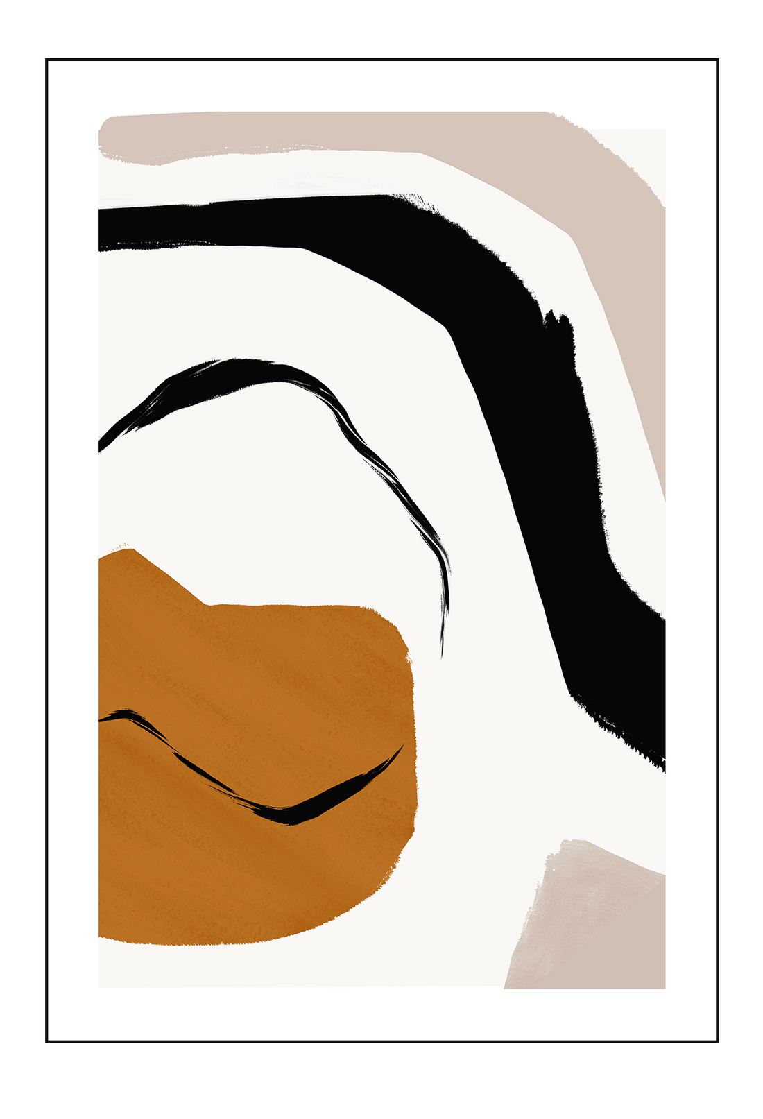 Abstract modern minimalist print portrait landscape with orange black and grey shapes on a white background.