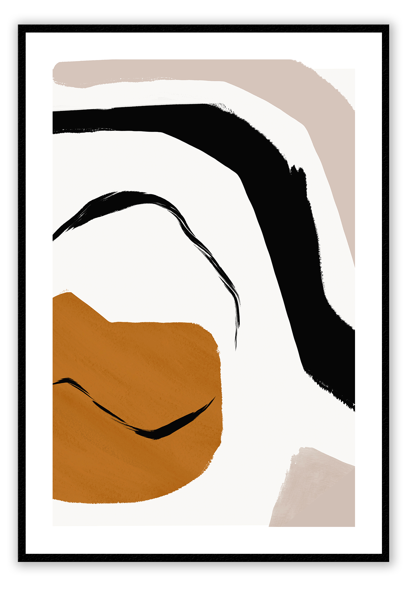 Abstract modern minimalist print portrait landscape with orange black and grey shapes on a white background.