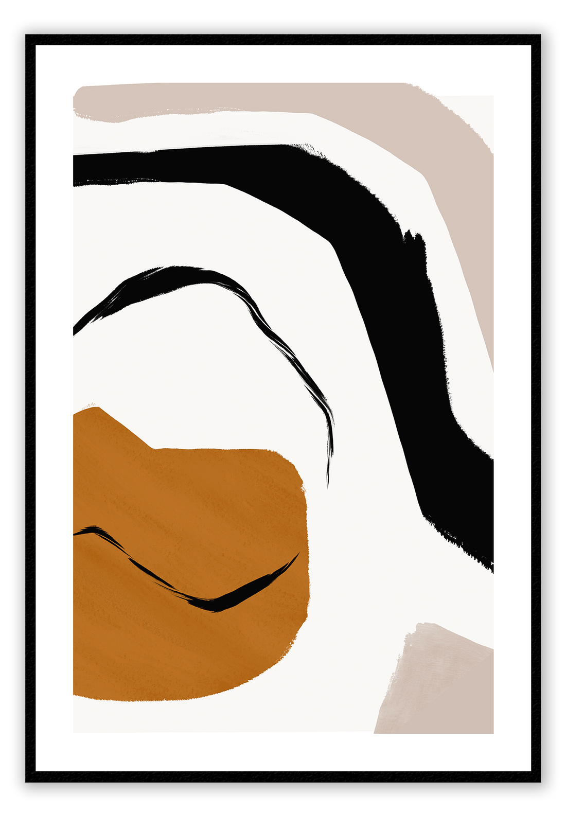 Abstract modern minimalist print portrait landscape with orange black and grey shapes on a white background.