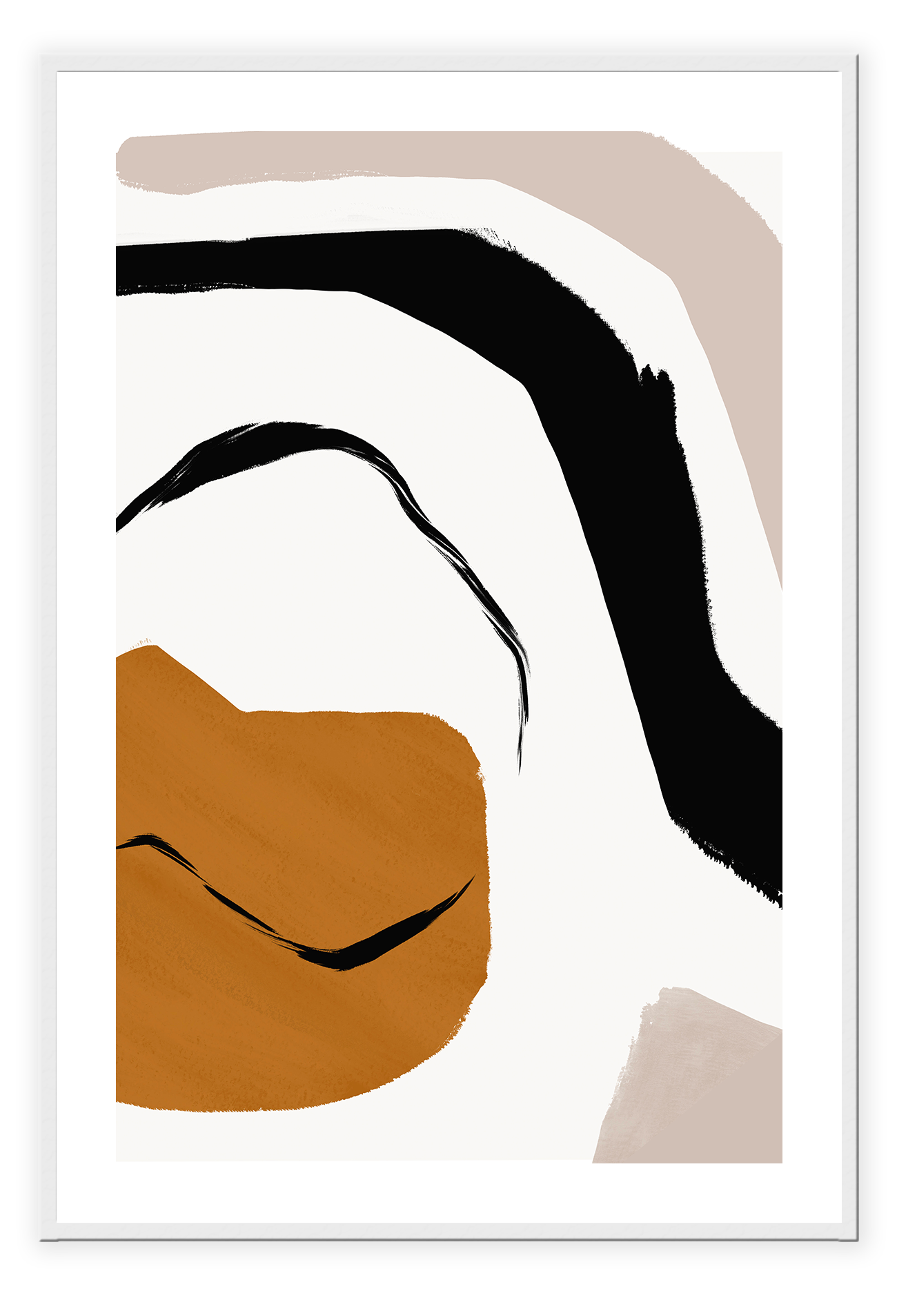Abstract modern minimalist print portrait landscape with orange black and grey shapes on a white background.
