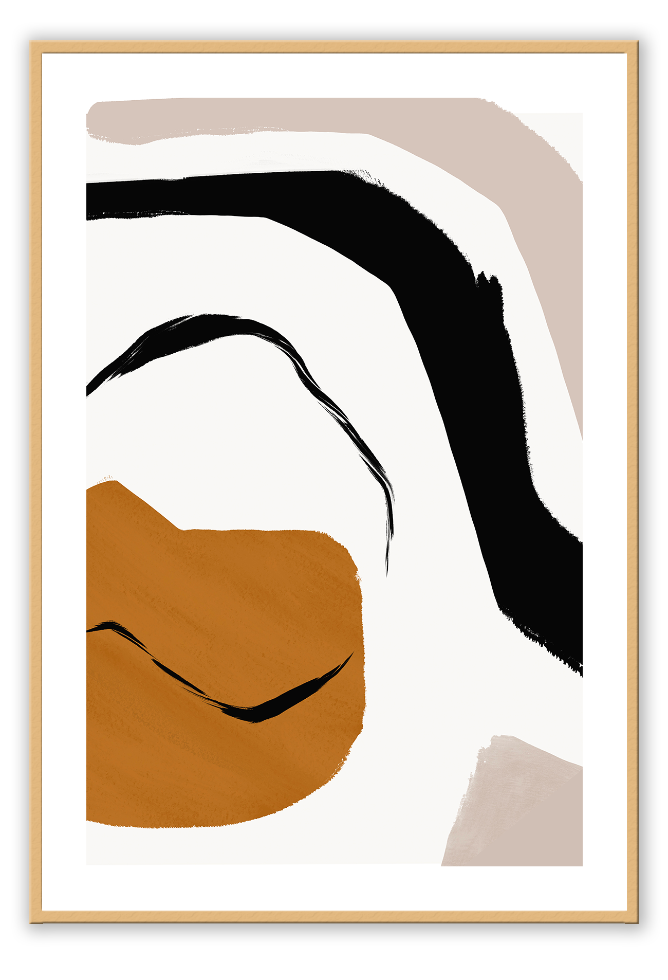Abstract modern minimalist print portrait landscape with orange black and grey shapes on a white background.