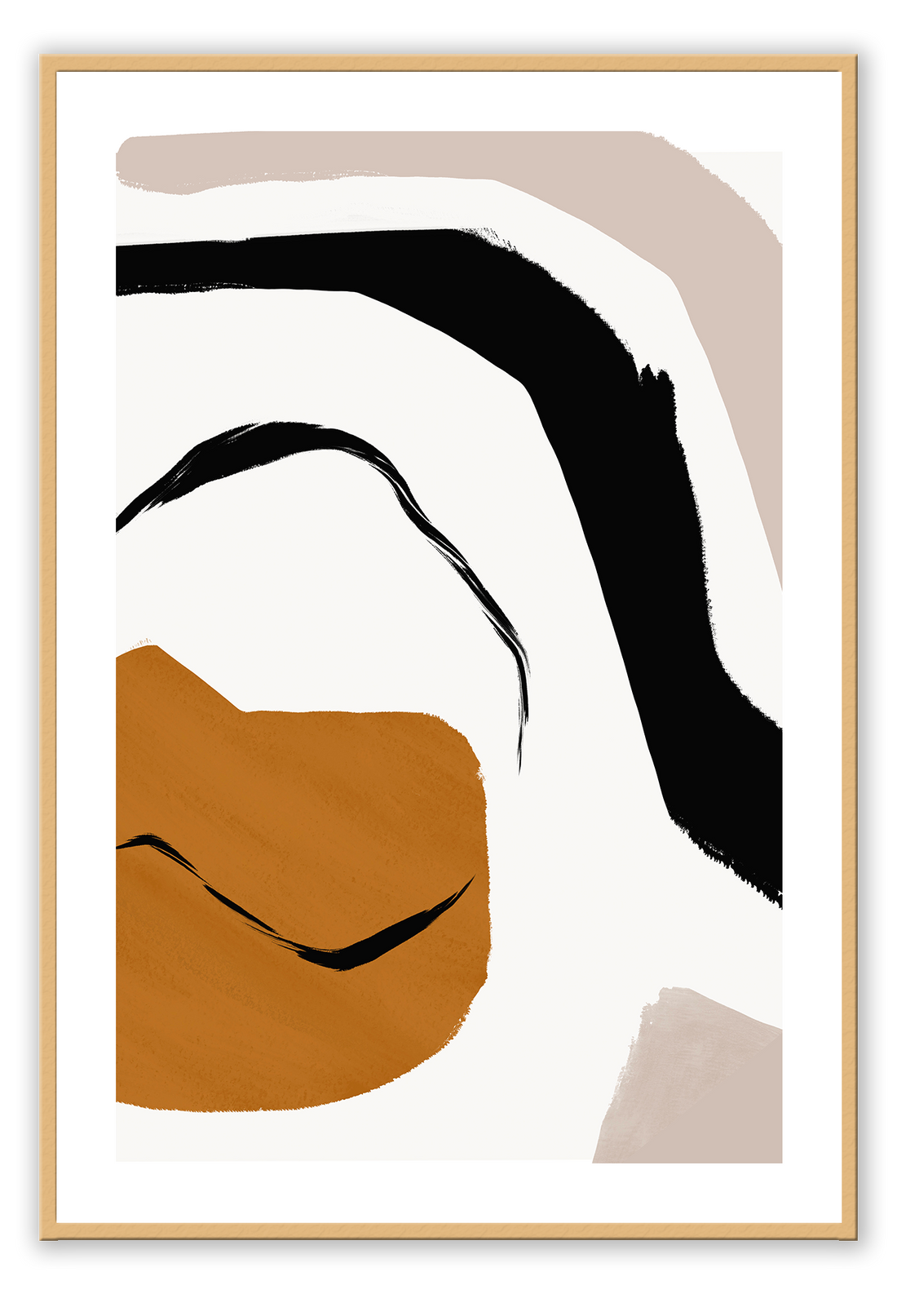 Abstract modern minimalist print portrait landscape with orange black and grey shapes on a white background.