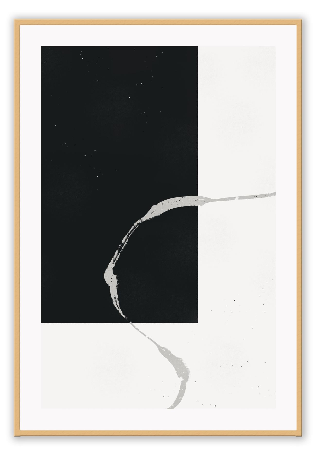 Abstract minimal style art print featuring a black rectange and grey paint stroke overlapping on a white background.