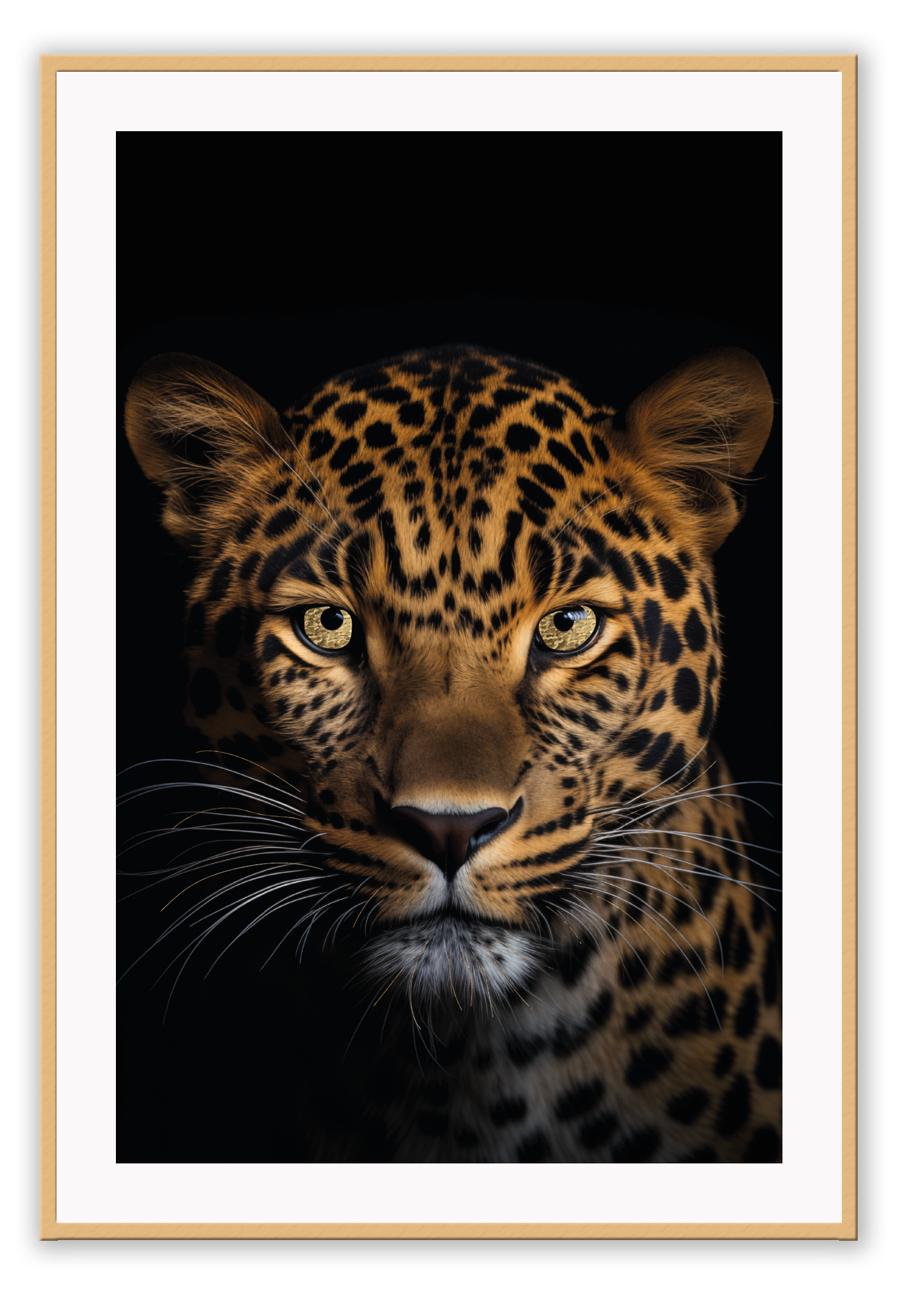 A framed print of a jaguar with a high quality custom matte black frame