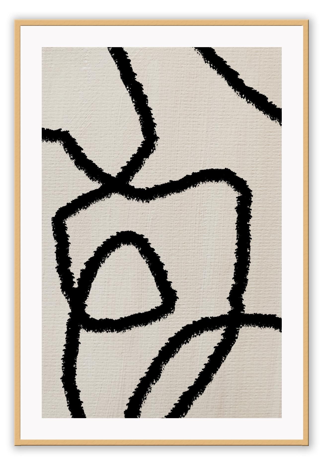 Textured abstract print with four random black squiggly lines on a light grey background.