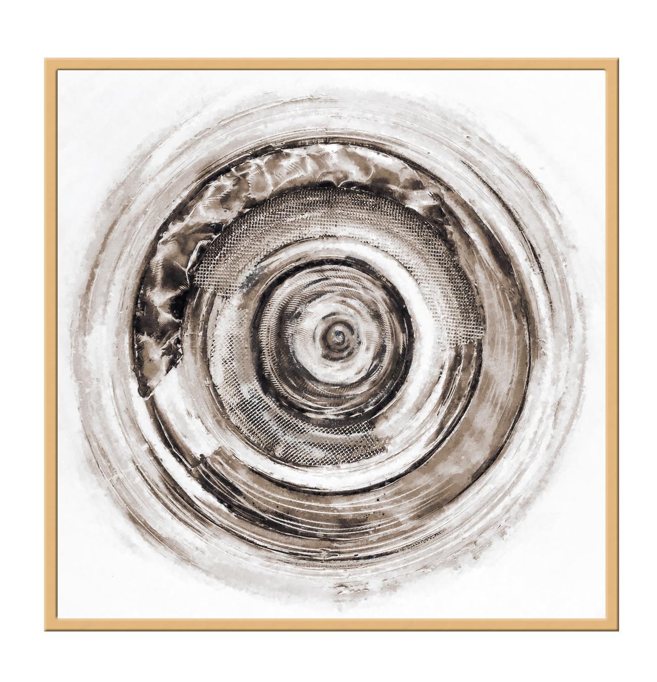 Abstract print with different sized circles in various textures and brown and black tones forming a swirl on white background