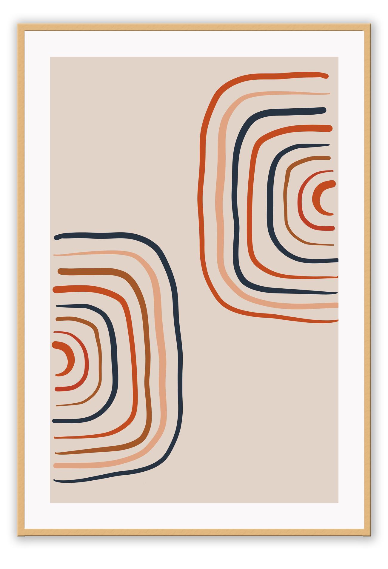 Abstract line art print with red blue and beige colours on plain background in curved shapes 