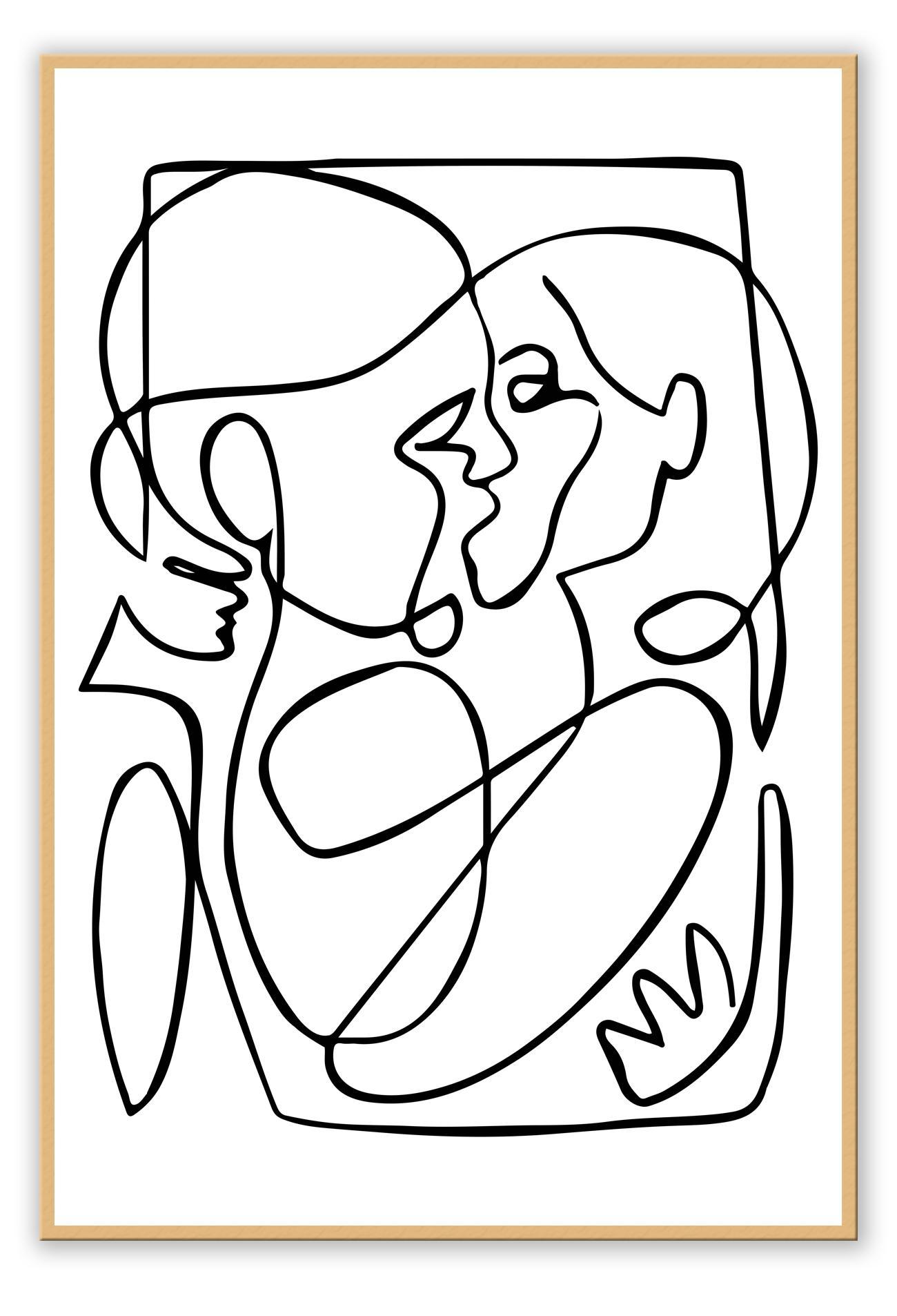 Minimal neutral abstract print with two figures in black squiggle kissing in embrace white background 