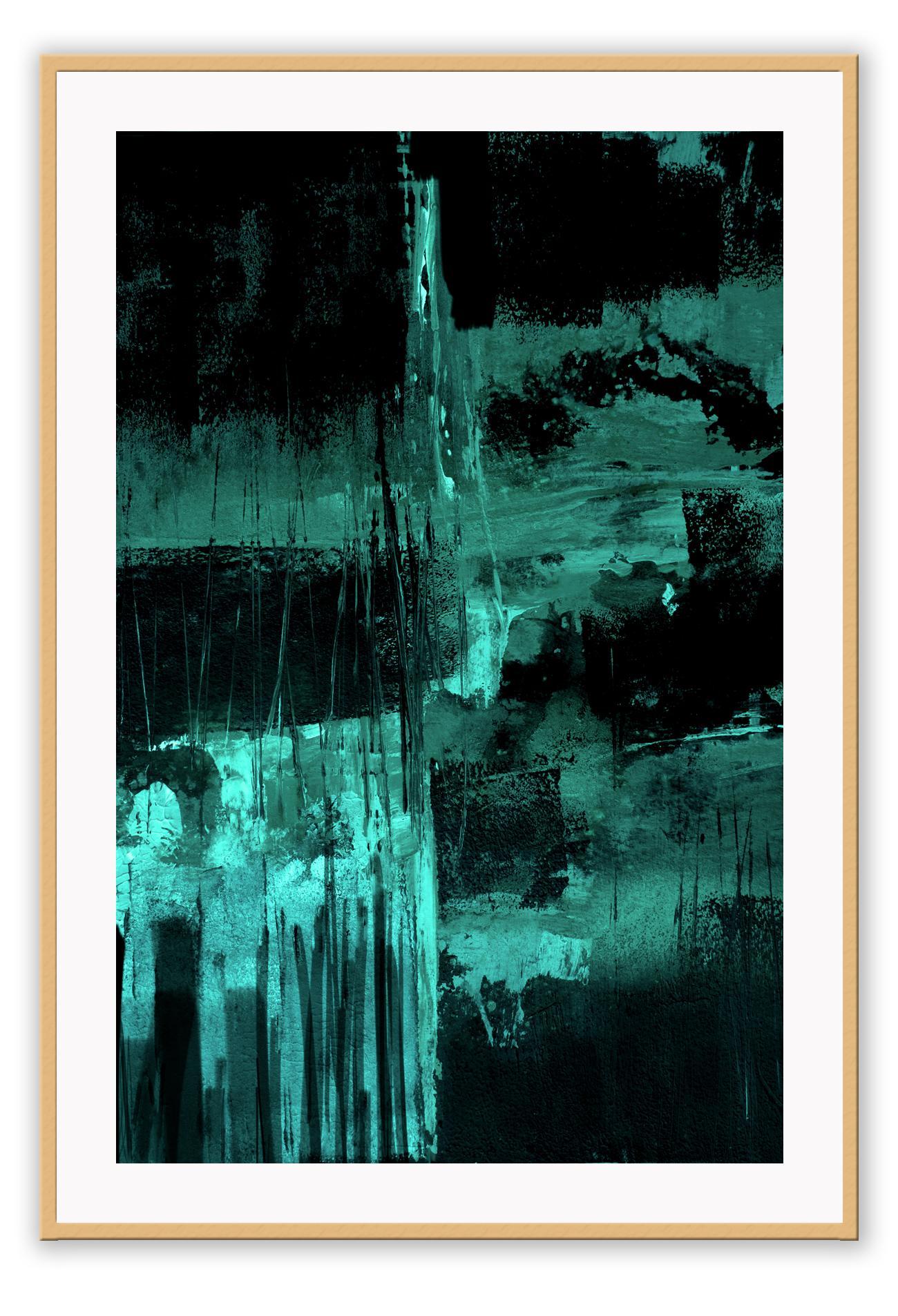 Emerald green abstract print with black background and silver tones in minimal moody style 